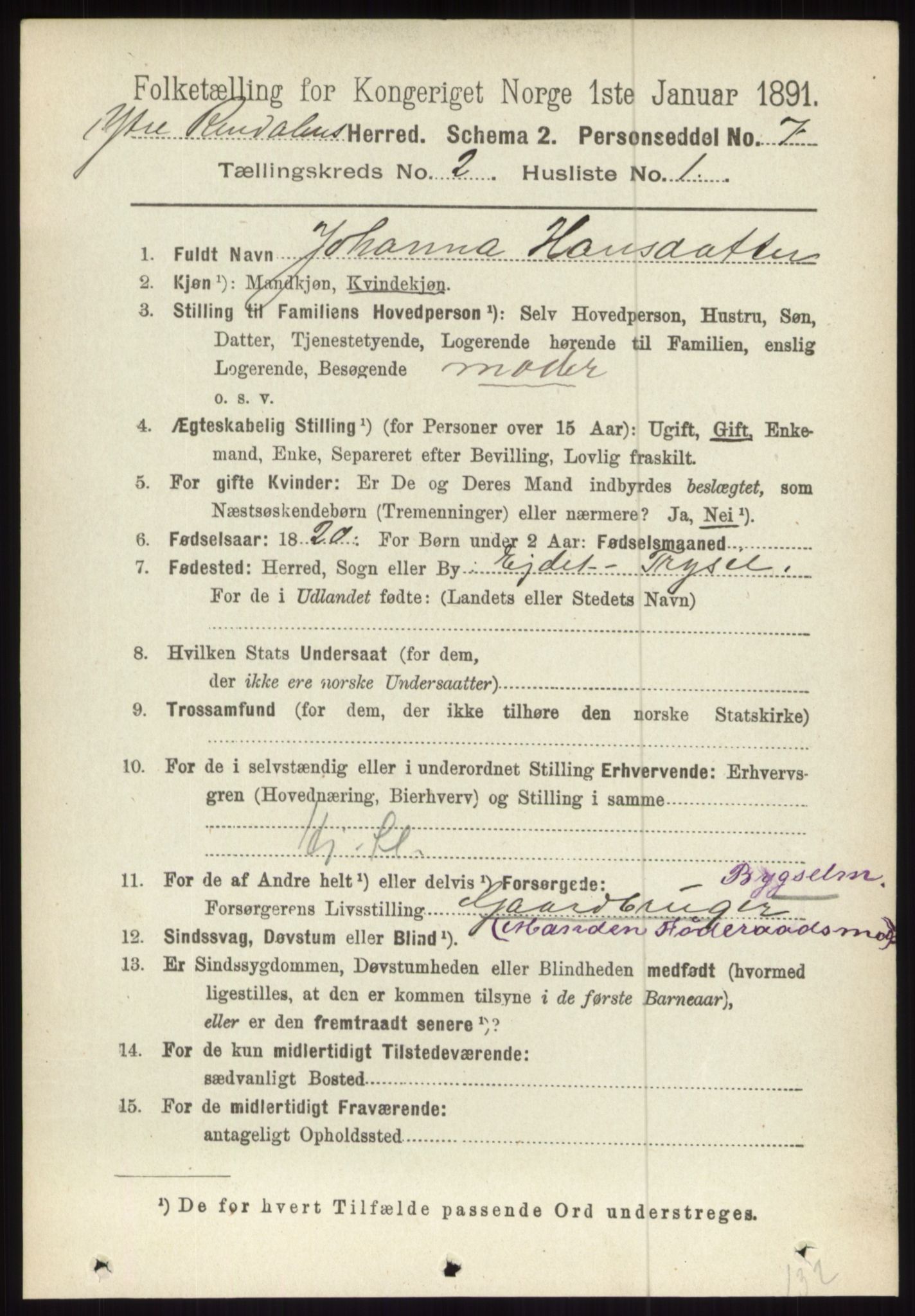 RA, 1891 census for 0432 Ytre Rendal, 1891, p. 299