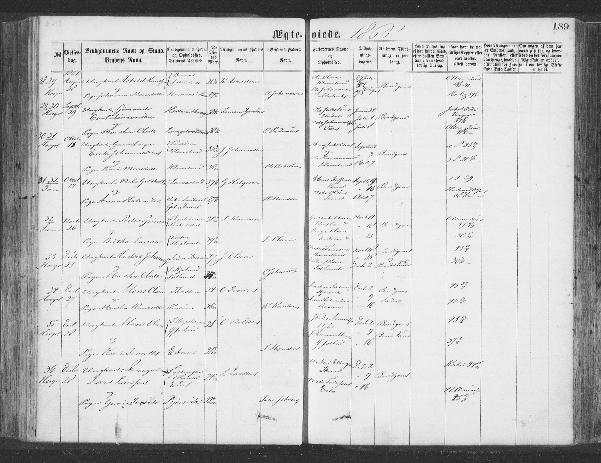 Hosanger sokneprestembete, AV/SAB-A-75801/H/Haa: Parish register (official) no. A 9, 1864-1876, p. 189