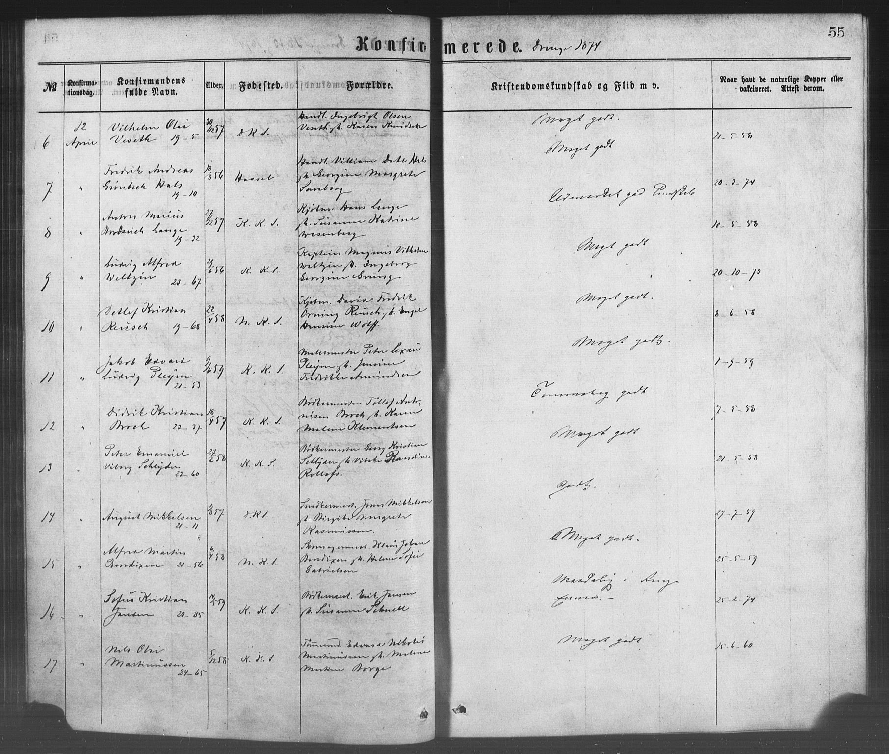 Korskirken sokneprestembete, SAB/A-76101/H/Haa/L0028: Parish register (official) no. C 4, 1868-1879, p. 55