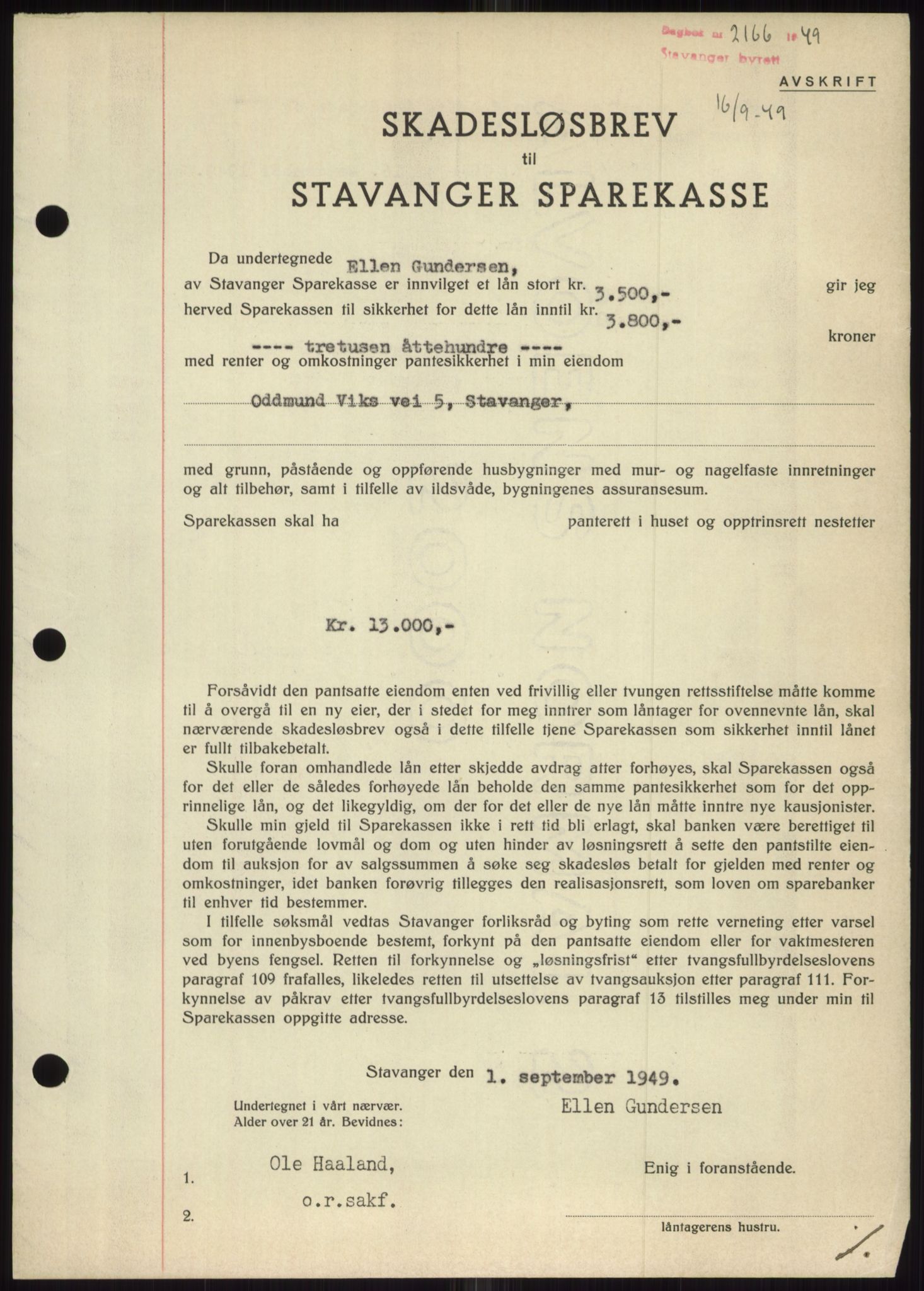 Stavanger byrett, SAST/A-100455/002/G/Gb/L0032: Mortgage book, 1947-1950, Diary no: : 2166/1949