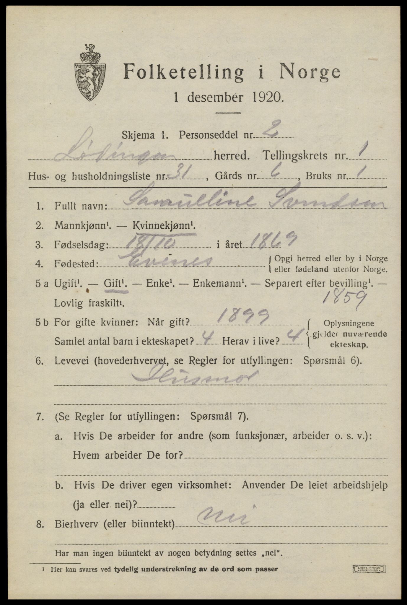 SAT, 1920 census for Lødingen, 1920, p. 1453