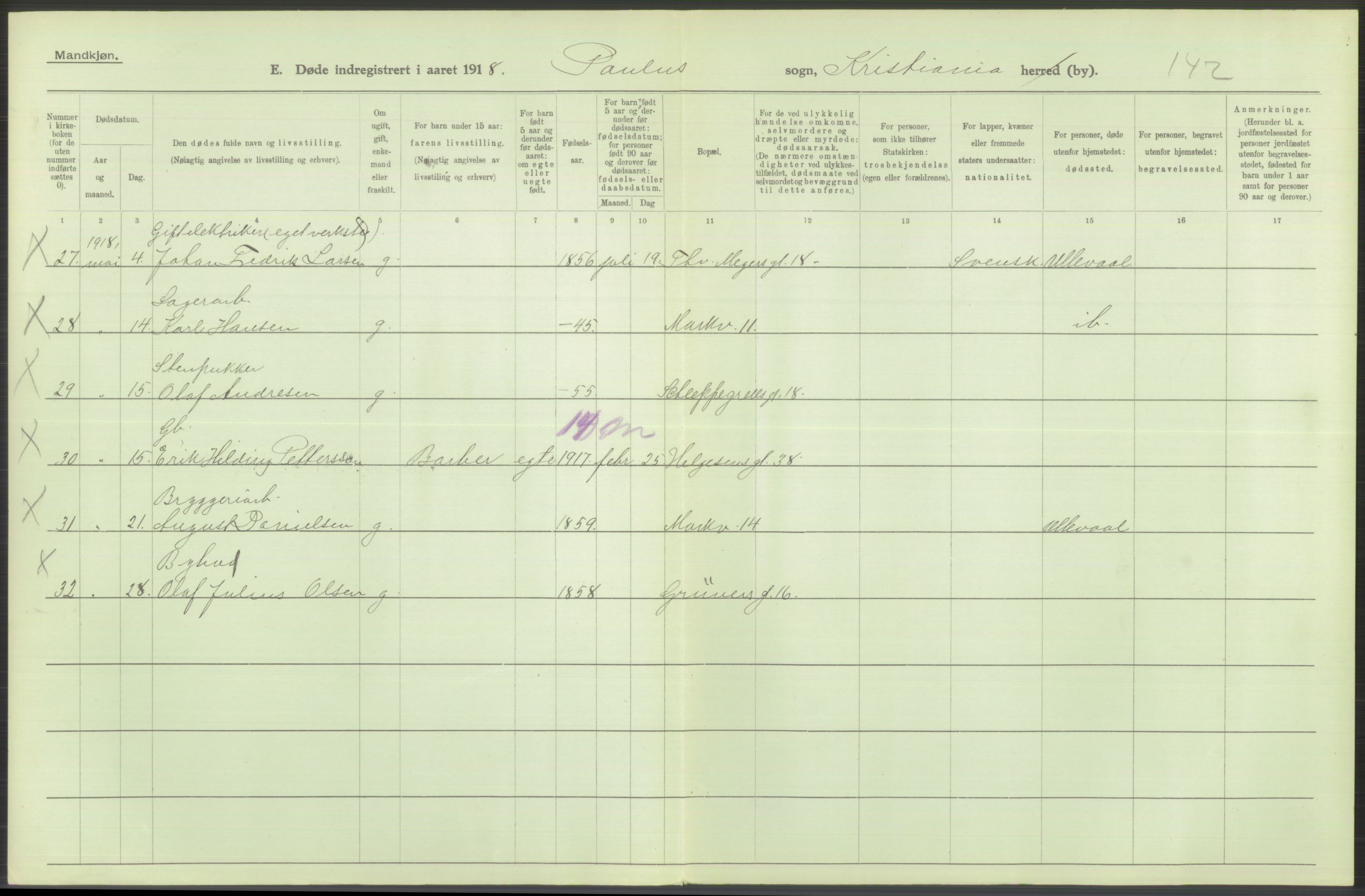 Statistisk sentralbyrå, Sosiodemografiske emner, Befolkning, AV/RA-S-2228/D/Df/Dfb/Dfbh/L0010: Kristiania: Døde, 1918, p. 634