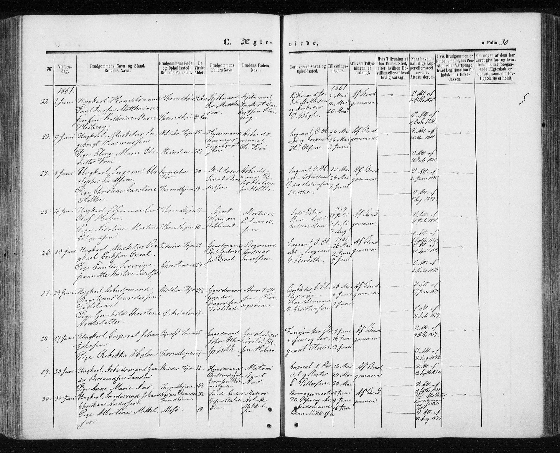 Ministerialprotokoller, klokkerbøker og fødselsregistre - Sør-Trøndelag, SAT/A-1456/601/L0053: Parish register (official) no. 601A21, 1857-1865, p. 30