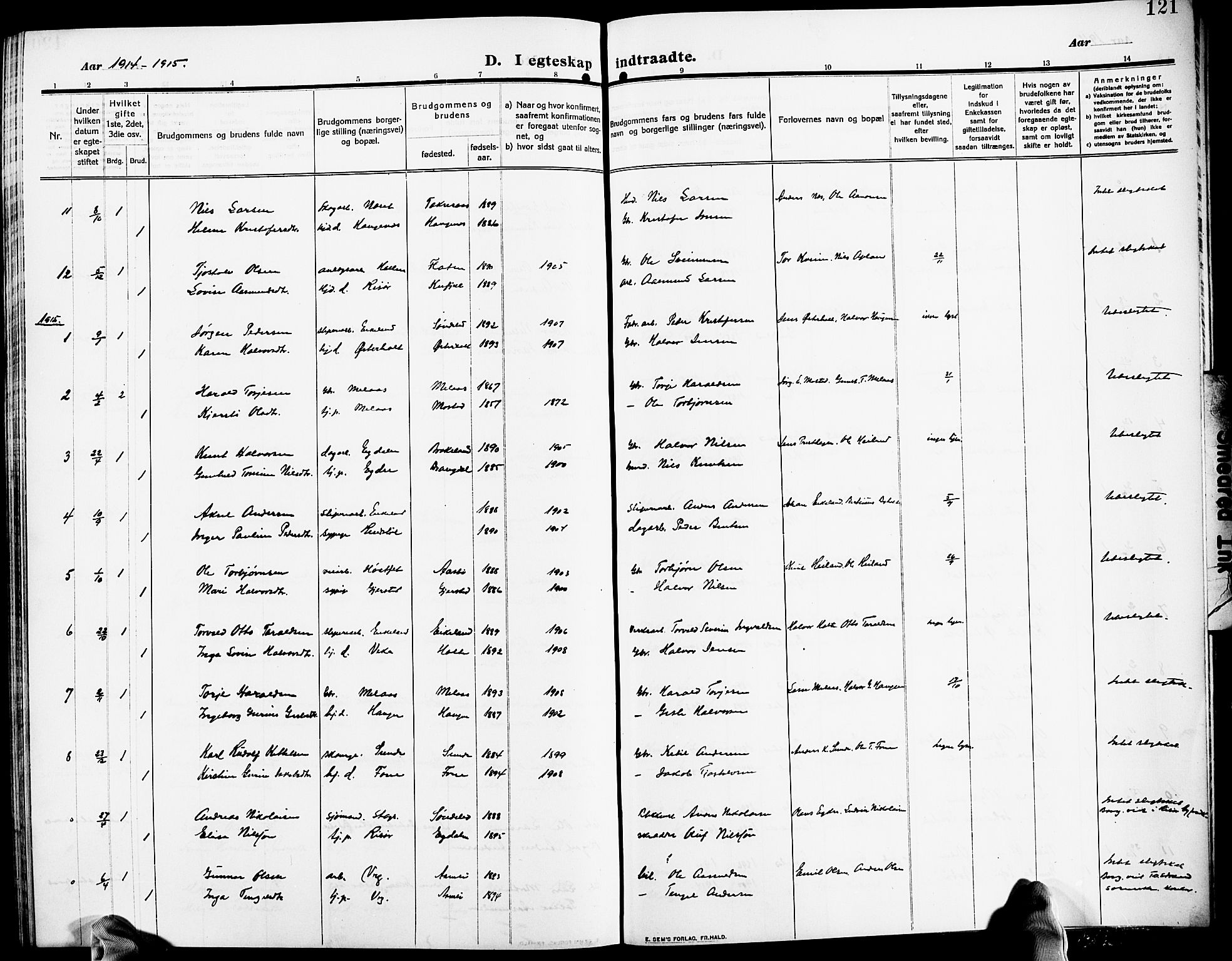 Gjerstad sokneprestkontor, AV/SAK-1111-0014/F/Fb/Fba/L0008: Parish register (copy) no. B 8, 1909-1925, p. 121