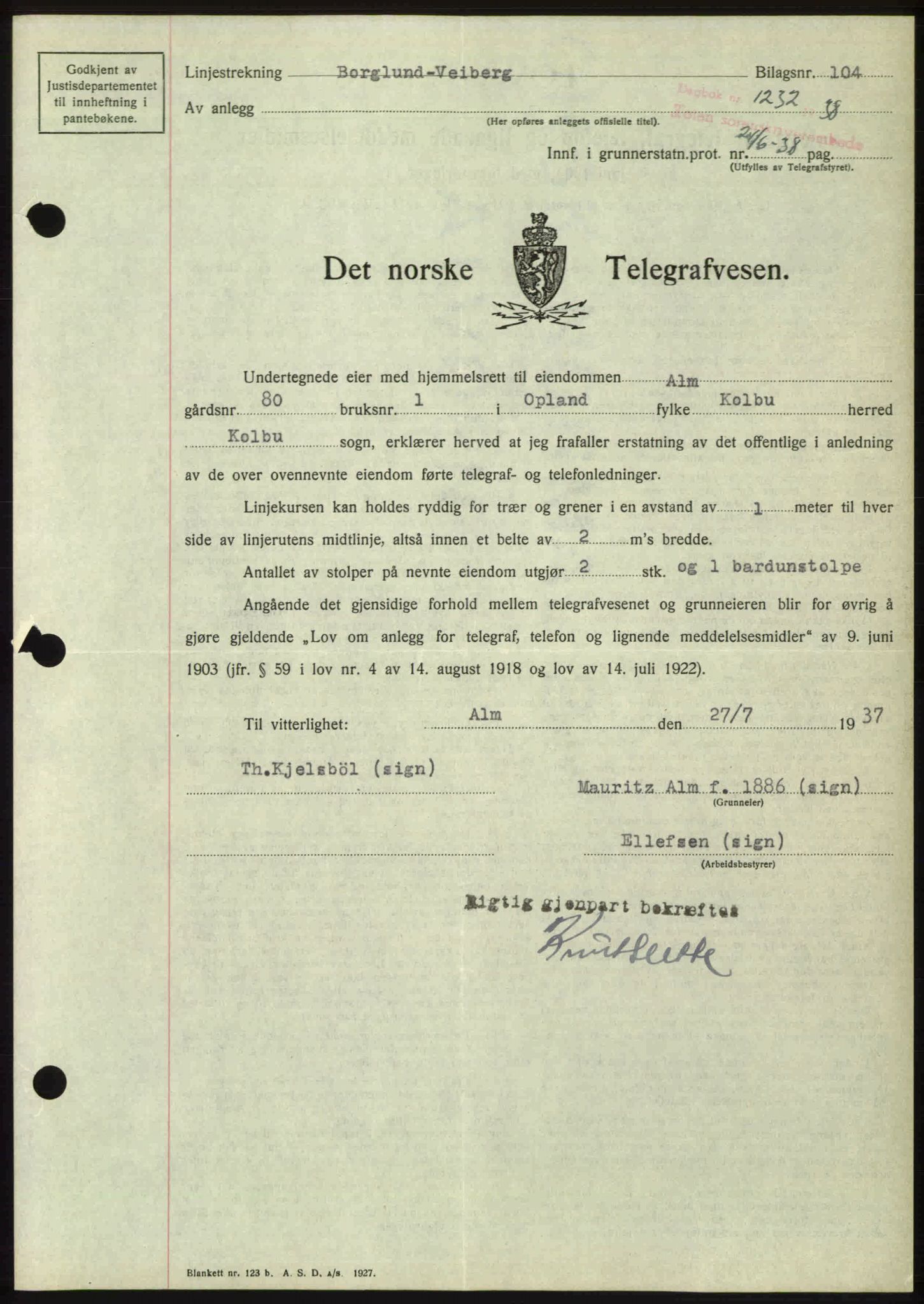 Toten tingrett, SAH/TING-006/H/Hb/Hbc/L0004: Mortgage book no. Hbc-04, 1938-1938, Diary no: : 1232/1938