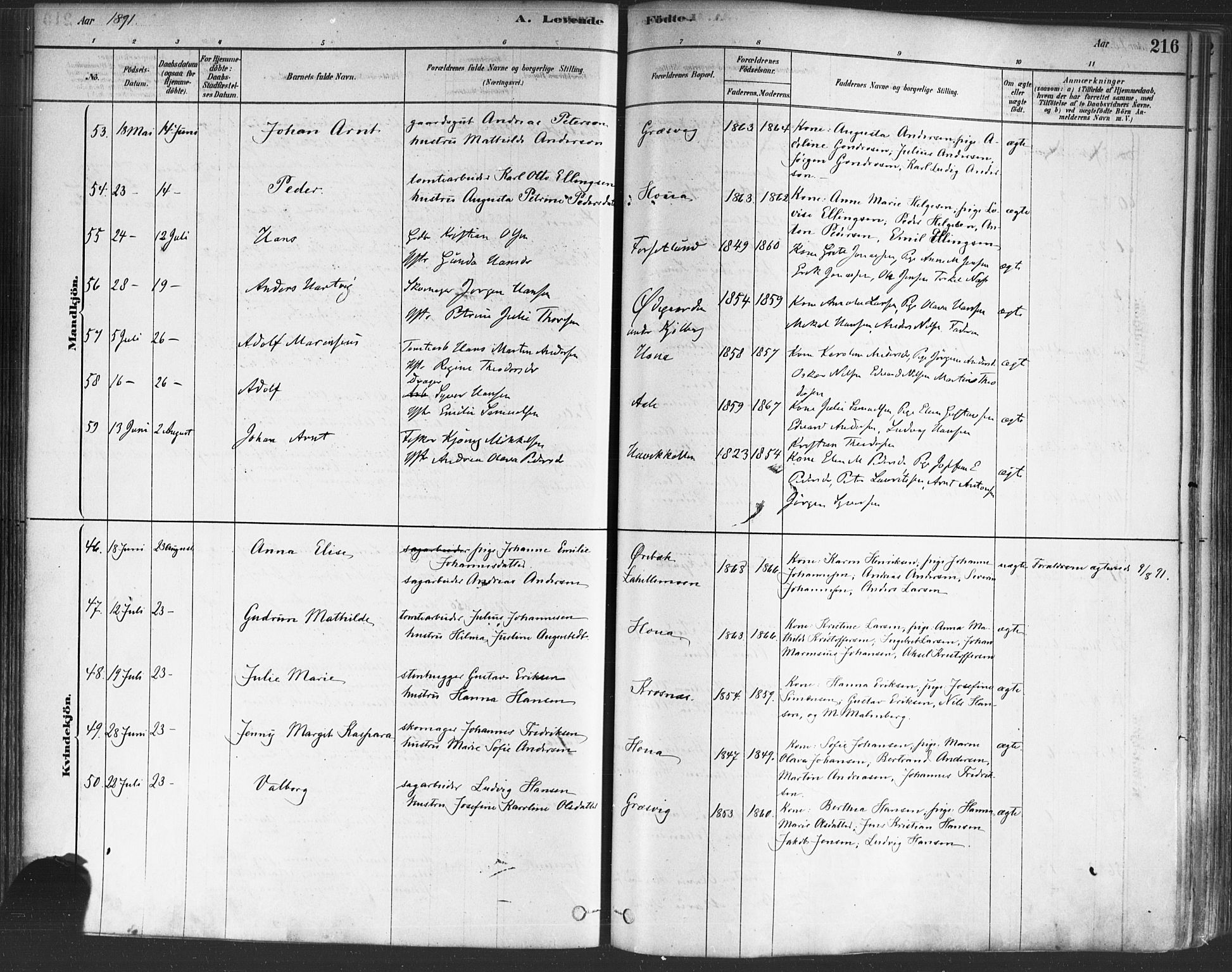 Onsøy prestekontor Kirkebøker, AV/SAO-A-10914/F/Fa/L0005: Parish register (official) no. I 5, 1878-1898, p. 216