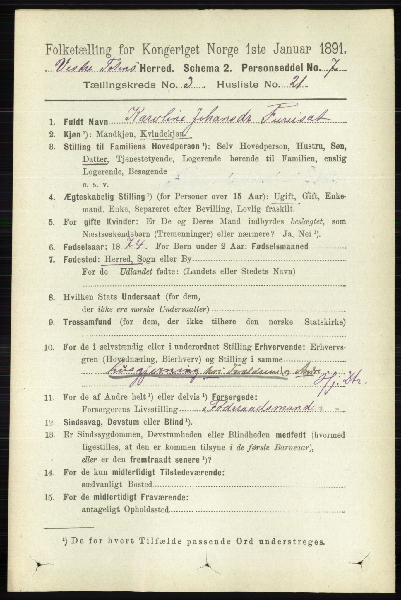 RA, 1891 census for 0529 Vestre Toten, 1891, p. 2100