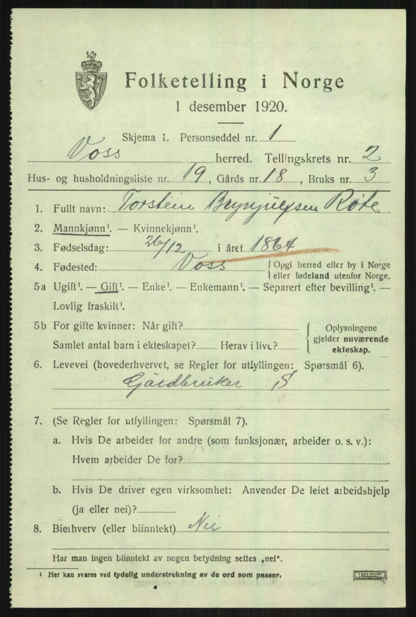 SAB, 1920 census for Voss, 1920, p. 3685