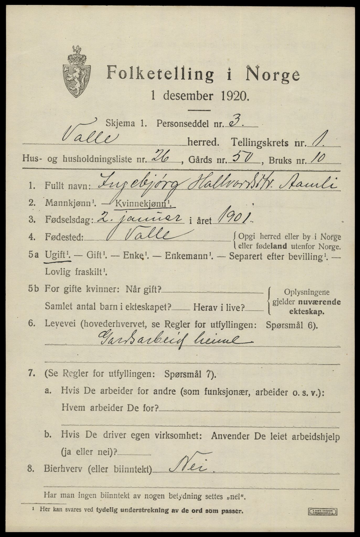 SAK, 1920 census for Valle, 1920, p. 749