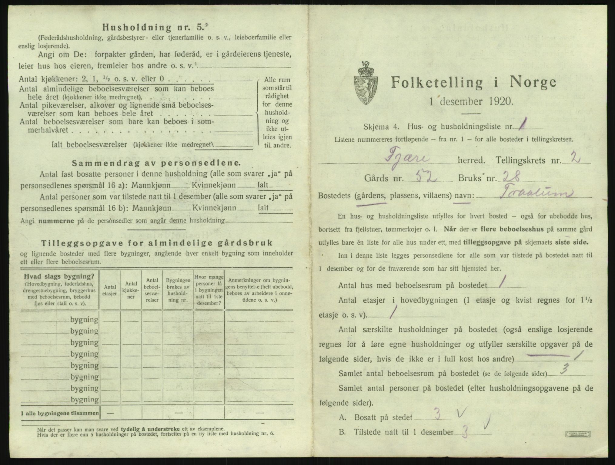 SAK, 1920 census for Fjære, 1920, p. 287