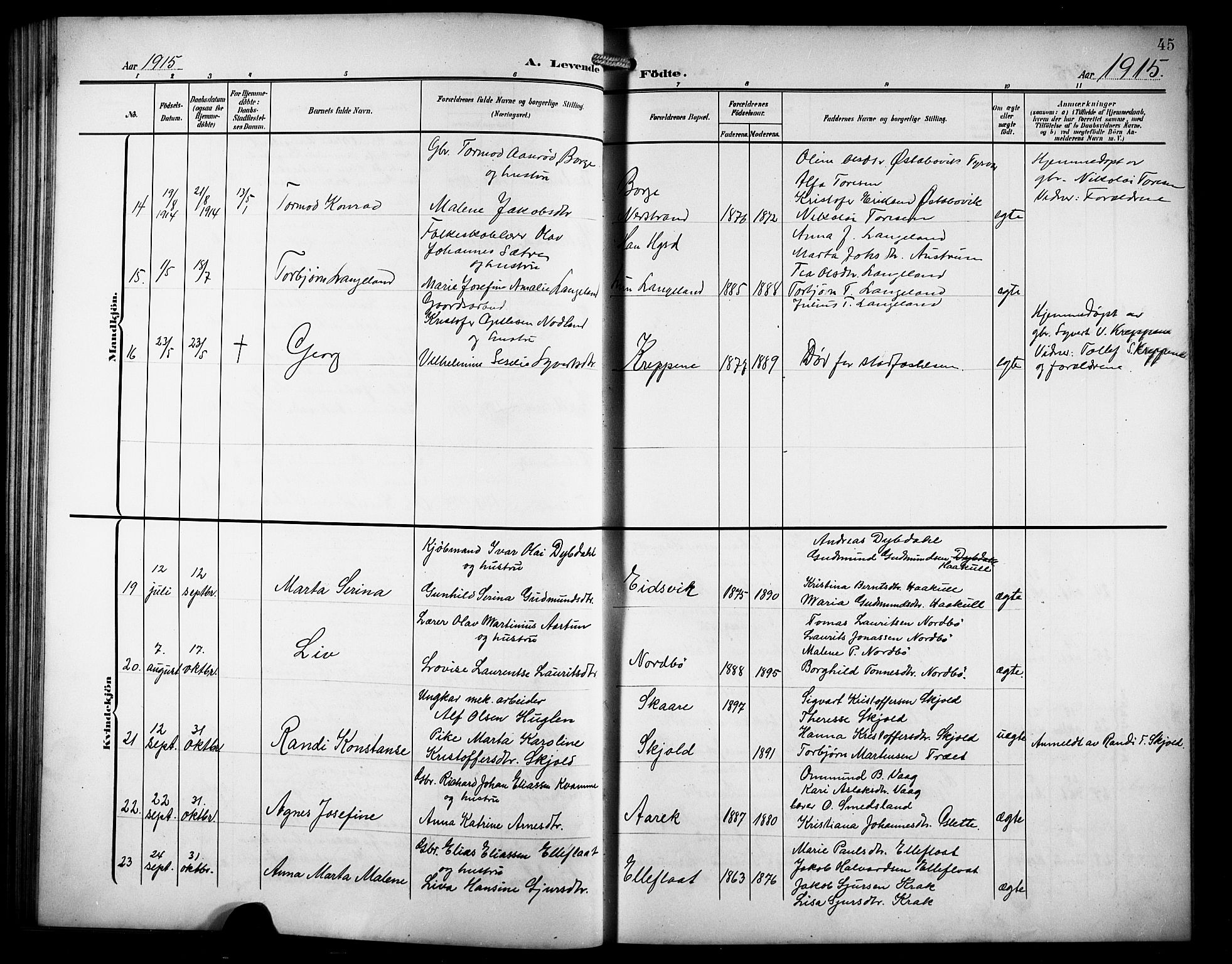 Skjold sokneprestkontor, AV/SAST-A-101847/H/Ha/Hab/L0008: Parish register (copy) no. B 8, 1906-1920, p. 45