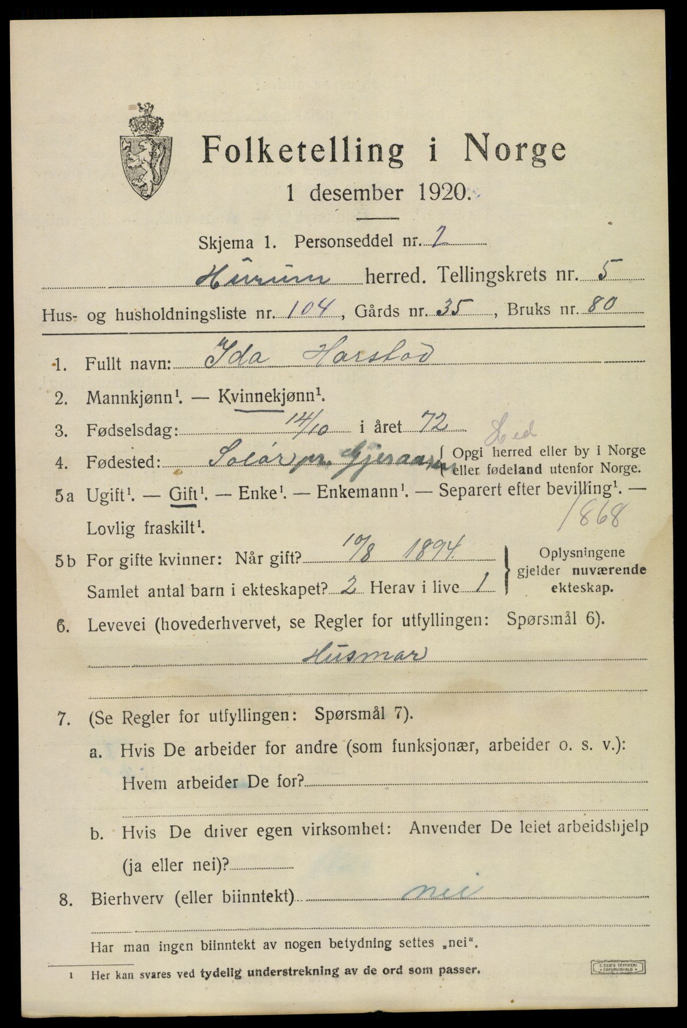 SAKO, 1920 census for Hurum, 1920, p. 7072