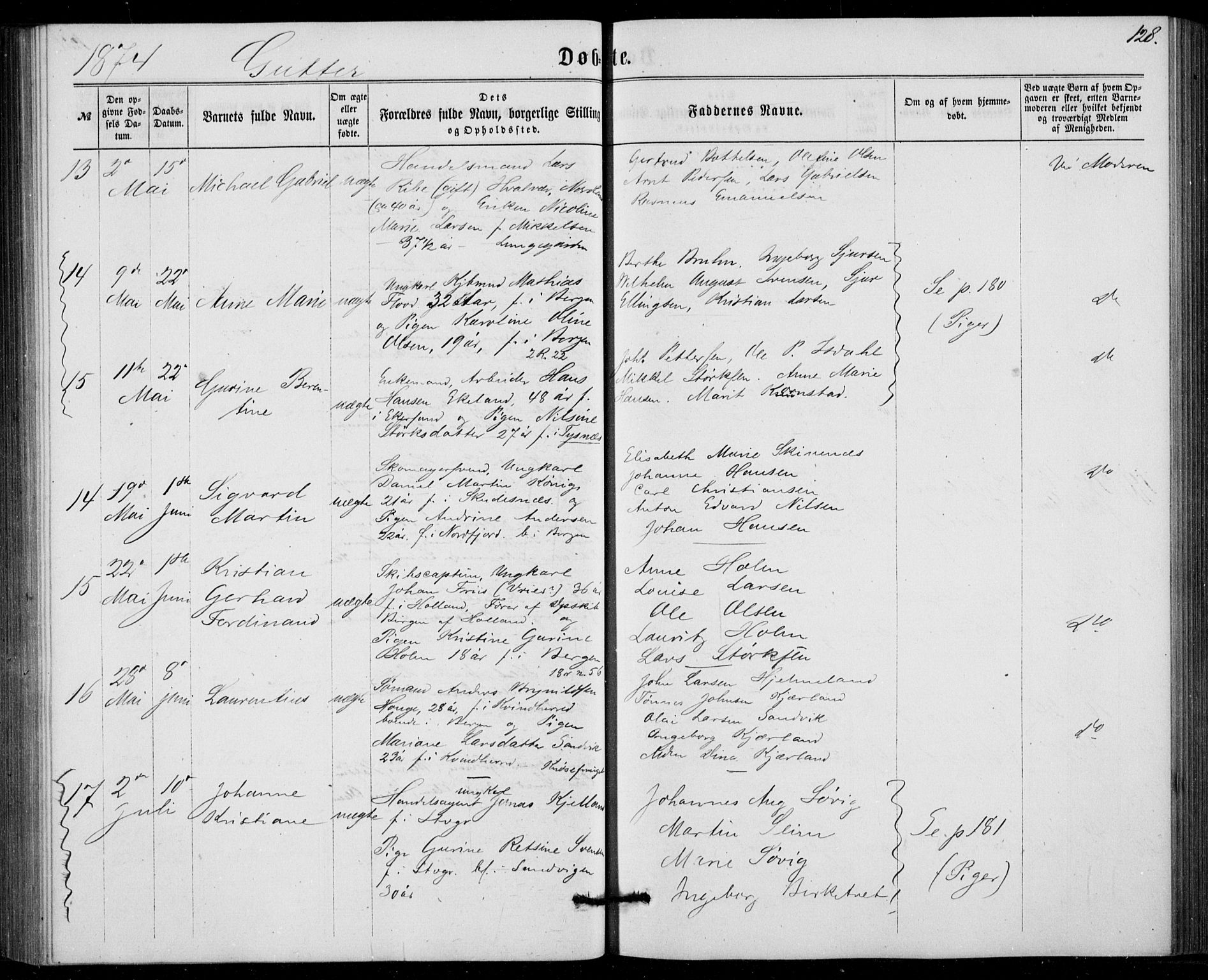 Fødselsstiftelsens sokneprestembete, ført av overlegen*, SAB/-: Parish register (official) no. A 1, 1863-1883, p. 128