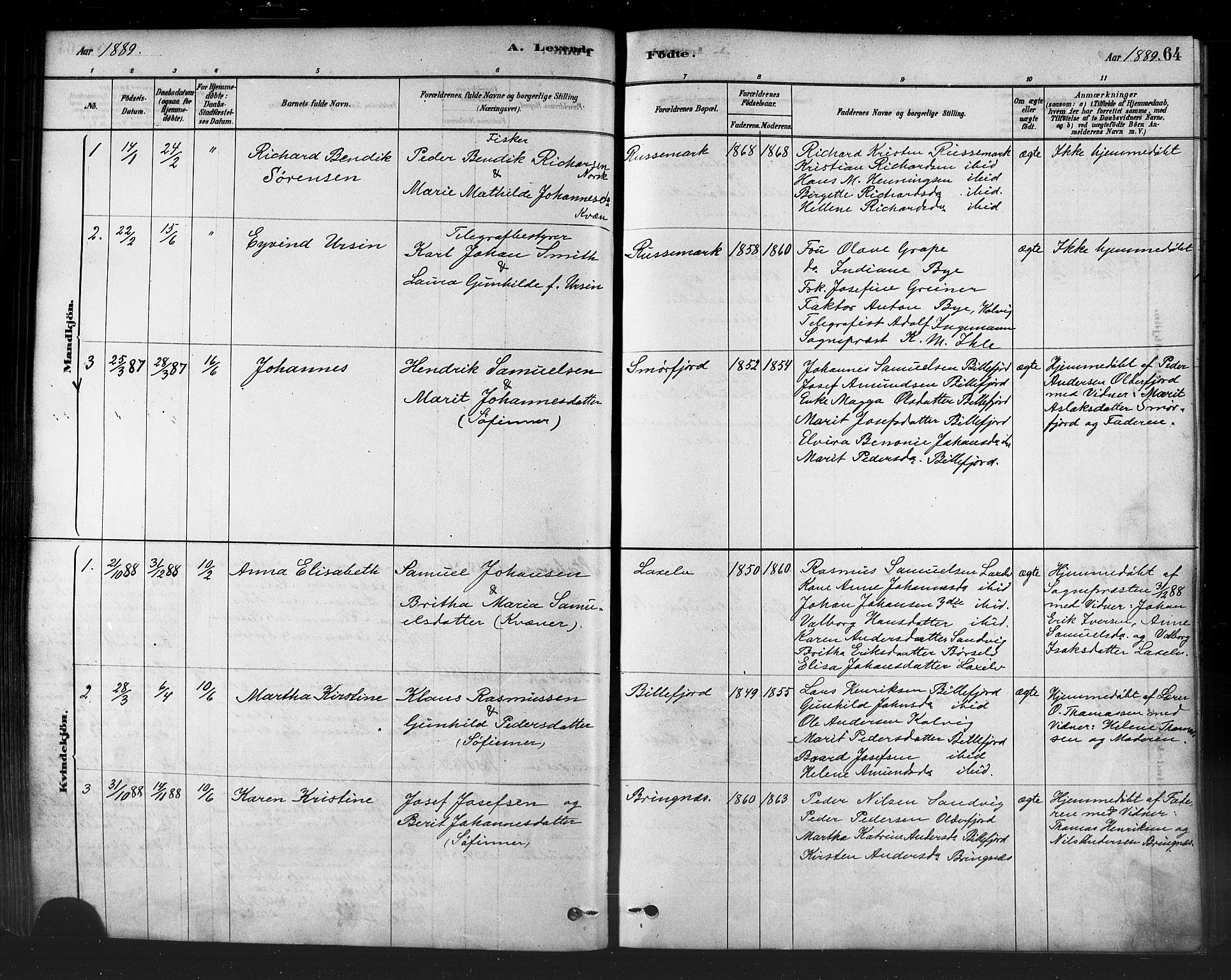 Kistrand/Porsanger sokneprestembete, SATØ/S-1351/H/Ha/L0007.kirke: Parish register (official) no. 7, 1881-1889, p. 64