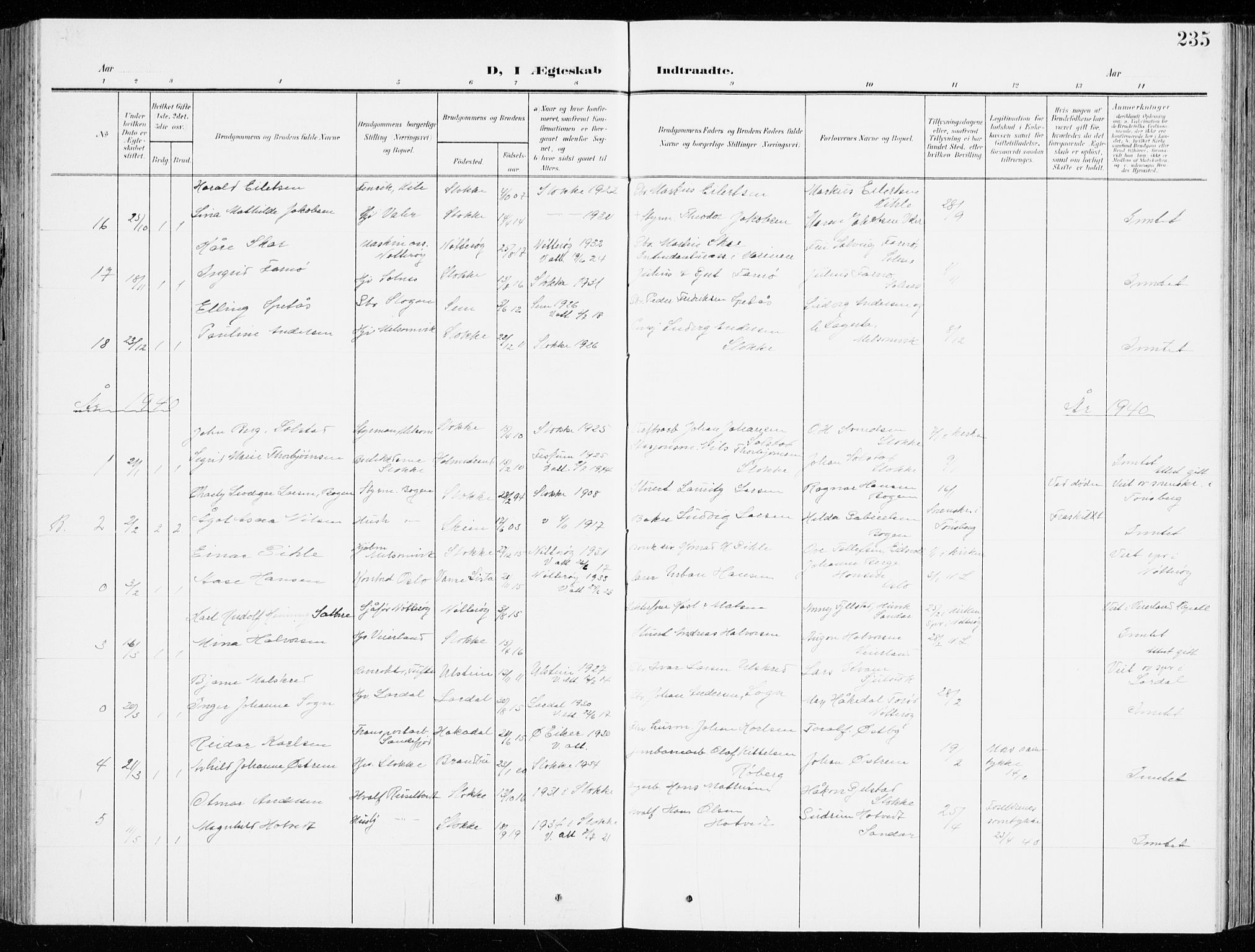 Stokke kirkebøker, AV/SAKO-A-320/G/Ga/L0001: Parish register (copy) no. I 1, 1904-1940, p. 235