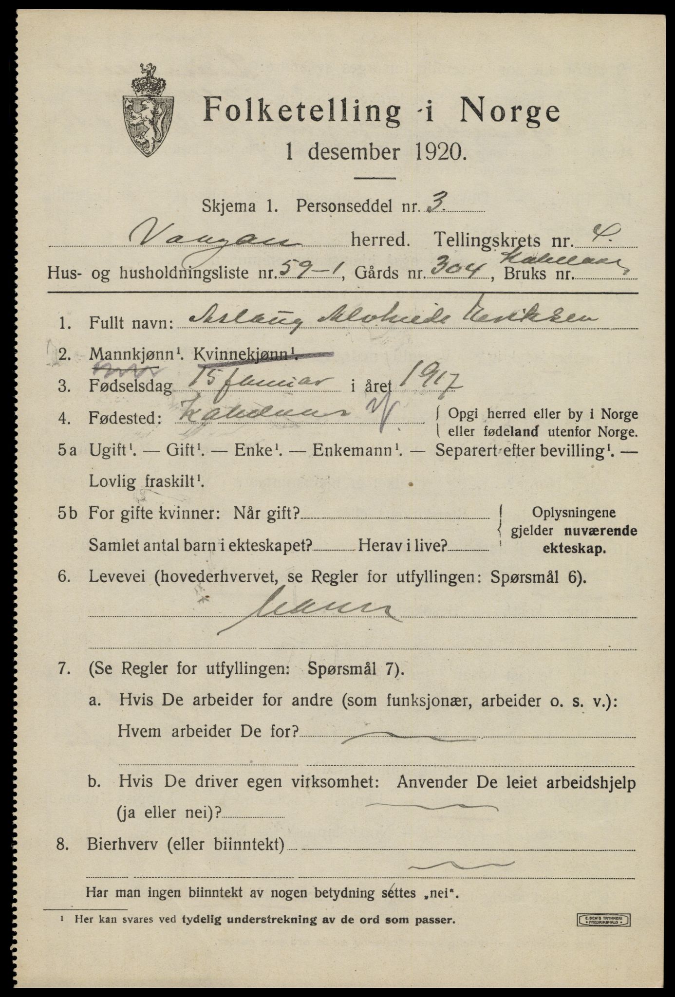 SAT, 1920 census for Vågan, 1920, p. 3941