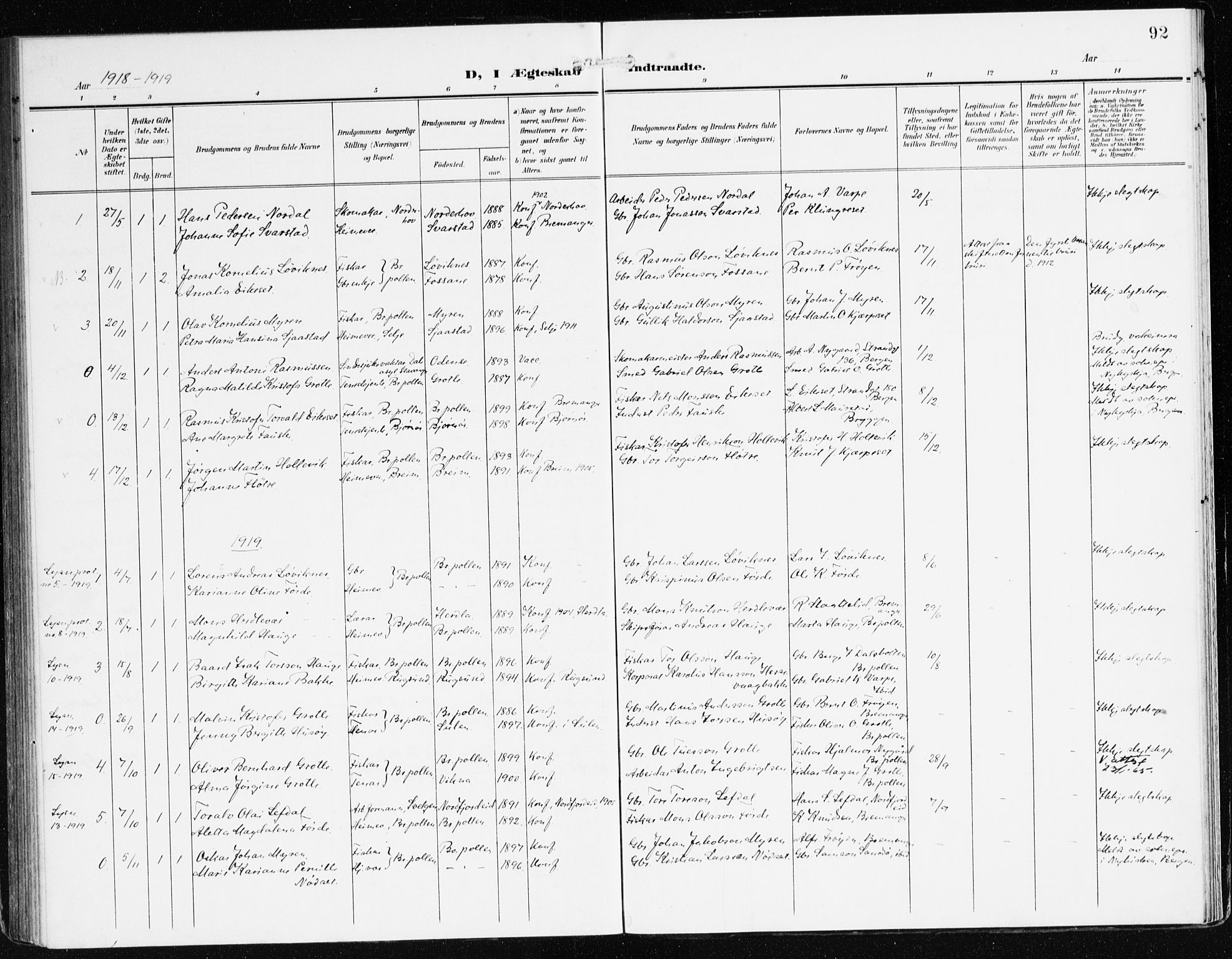 Bremanger sokneprestembete, SAB/A-82201/H/Haa/Haac/L0001: Parish register (official) no. C 1, 1908-1921, p. 92