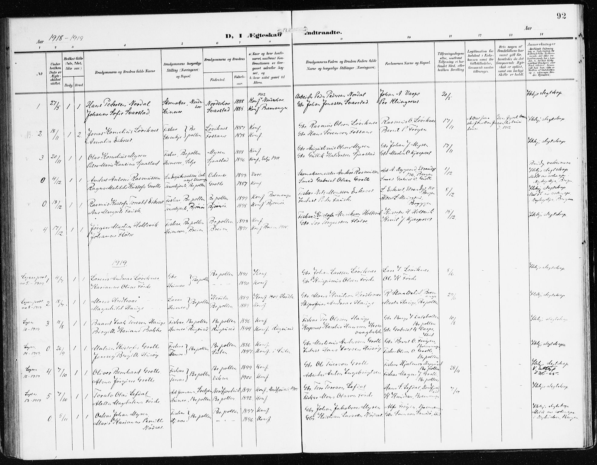 Bremanger sokneprestembete, AV/SAB-A-82201/H/Haa/Haac/L0001: Parish register (official) no. C 1, 1908-1921, p. 92