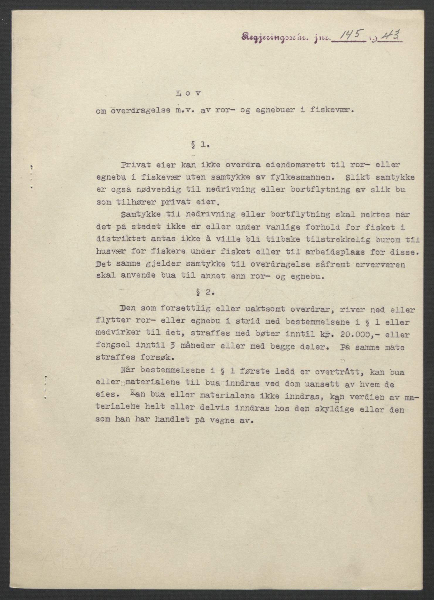 NS-administrasjonen 1940-1945 (Statsrådsekretariatet, de kommisariske statsråder mm), AV/RA-S-4279/D/Db/L0099: Lover, 1943, p. 330