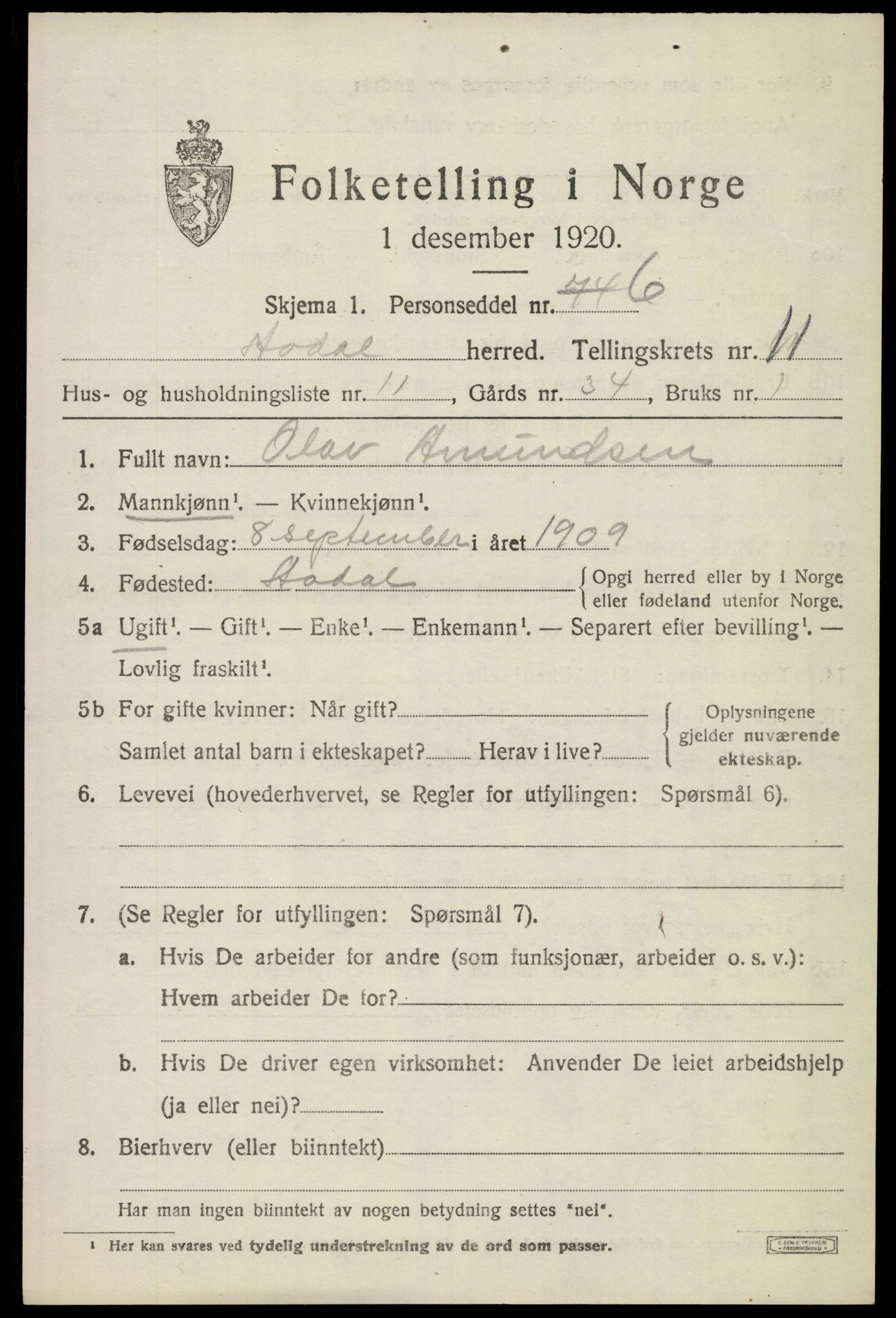 SAKO, 1920 census for Ådal, 1920, p. 6754