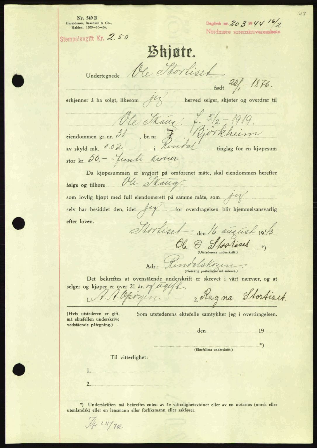 Nordmøre sorenskriveri, AV/SAT-A-4132/1/2/2Ca: Mortgage book no. A97, 1944-1944, Diary no: : 303/1944