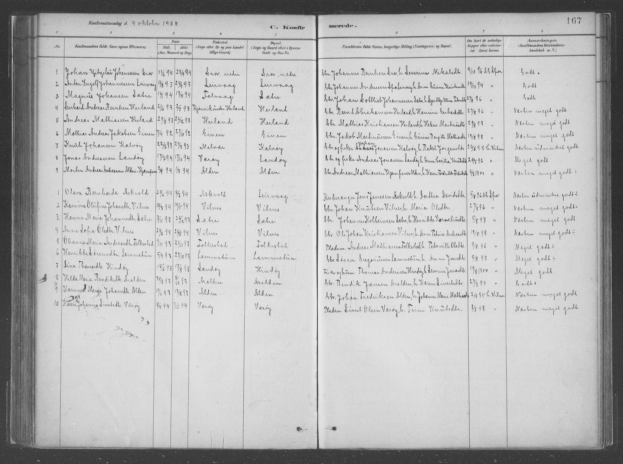Askvoll sokneprestembete, SAB/A-79501/H/Haa/Haac/L0001: Parish register (official) no. C  1, 1879-1922, p. 167