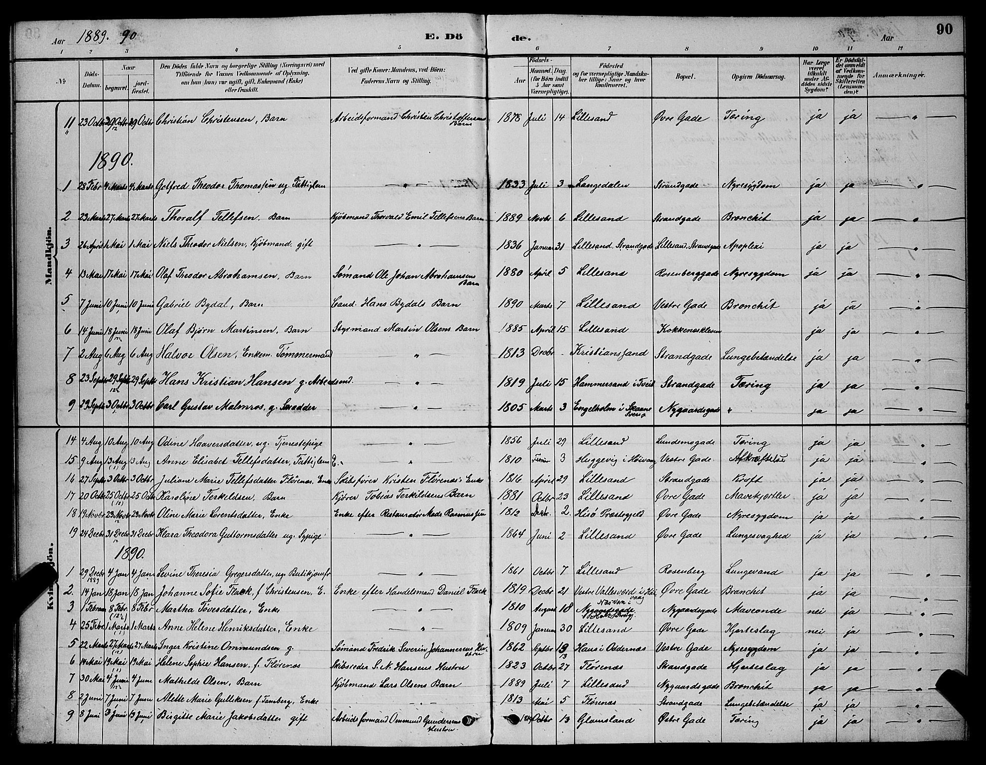 Vestre Moland sokneprestkontor, SAK/1111-0046/F/Fb/Fba/L0001: Parish register (copy) no. B 1, 1884-1903, p. 90