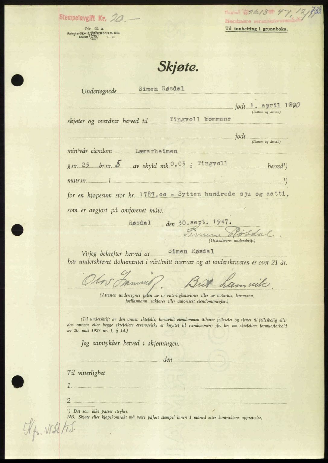 Nordmøre sorenskriveri, AV/SAT-A-4132/1/2/2Ca: Mortgage book no. A106, 1947-1947, Diary no: : 2613/1947