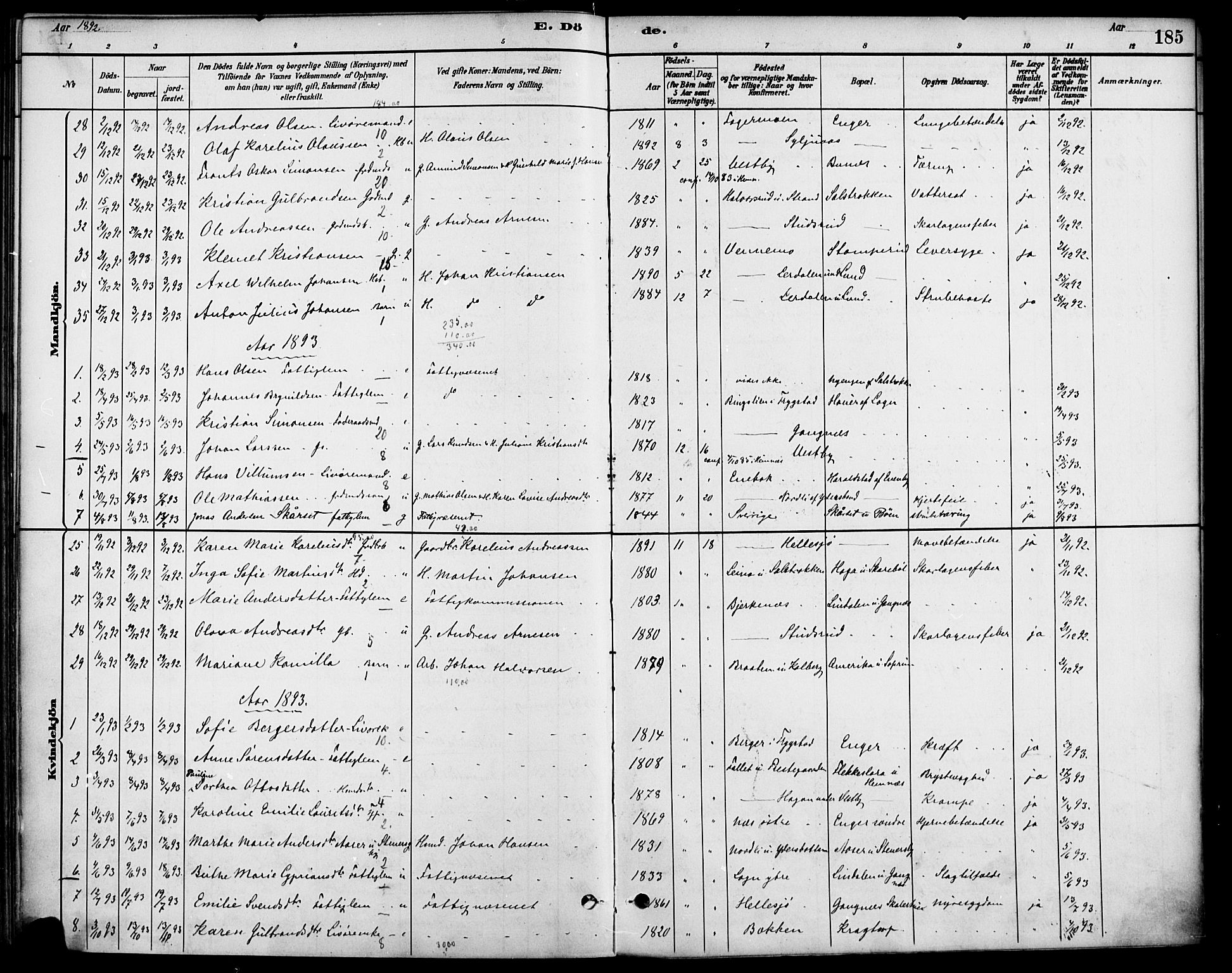 Høland prestekontor Kirkebøker, AV/SAO-A-10346a/F/Fb/L0001: Parish register (official) no. II 1, 1880-1897, p. 185