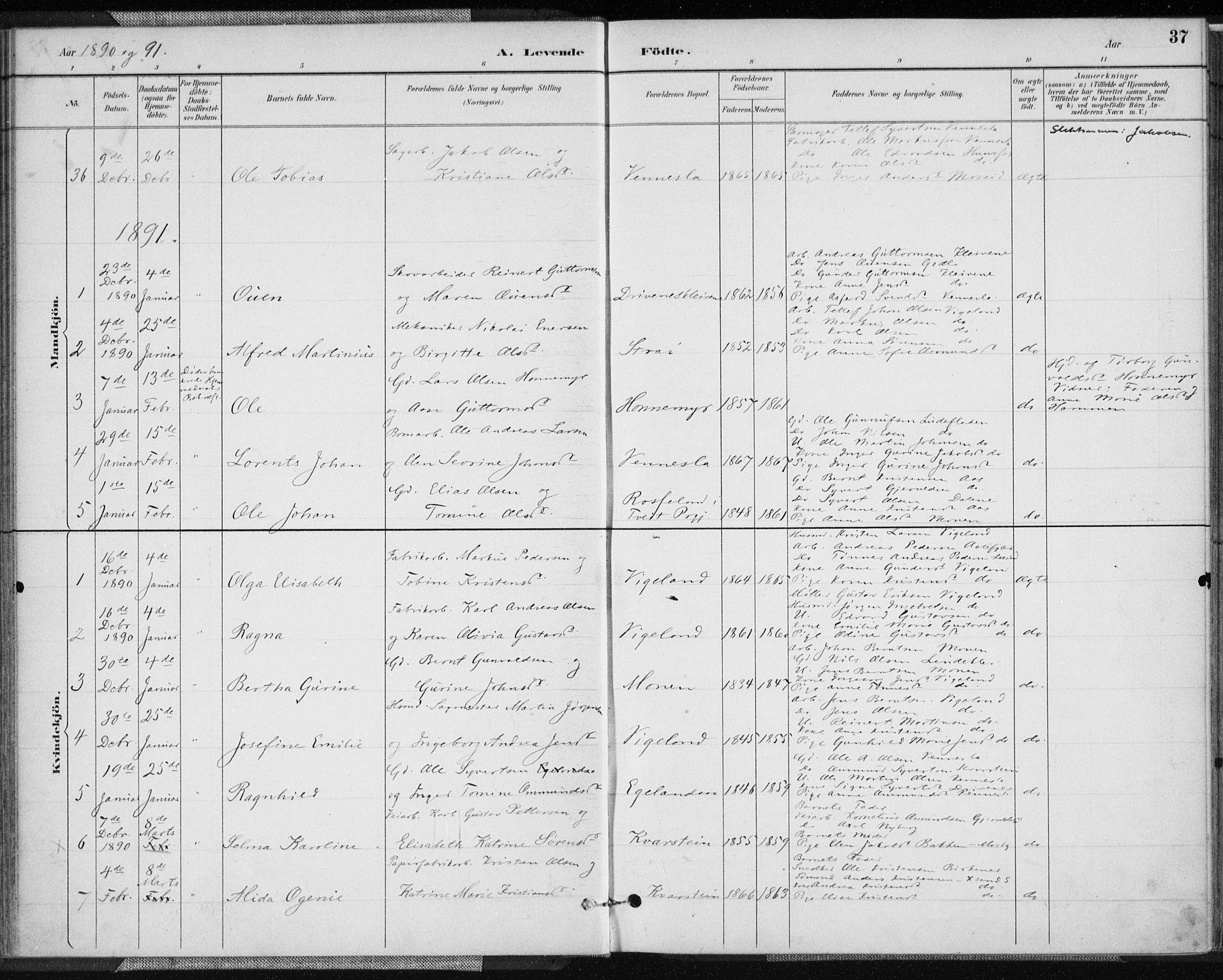 Vennesla sokneprestkontor, AV/SAK-1111-0045/Fa/Fab/L0004: Parish register (official) no. A 4, 1884-1896, p. 37