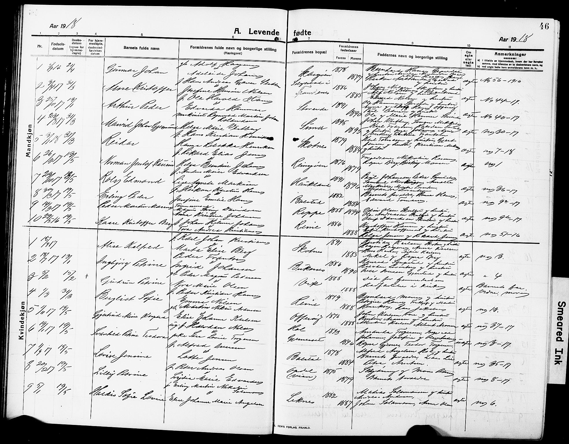 Ministerialprotokoller, klokkerbøker og fødselsregistre - Nordland, SAT/A-1459/881/L1169: Parish register (copy) no. 881C06, 1912-1930, p. 46