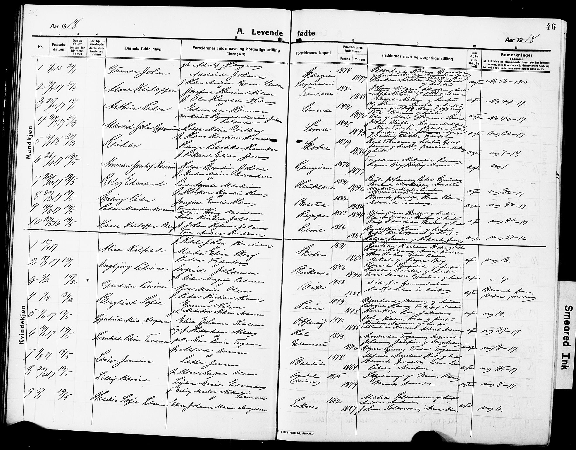 Ministerialprotokoller, klokkerbøker og fødselsregistre - Nordland, AV/SAT-A-1459/881/L1169: Parish register (copy) no. 881C06, 1912-1930, p. 46