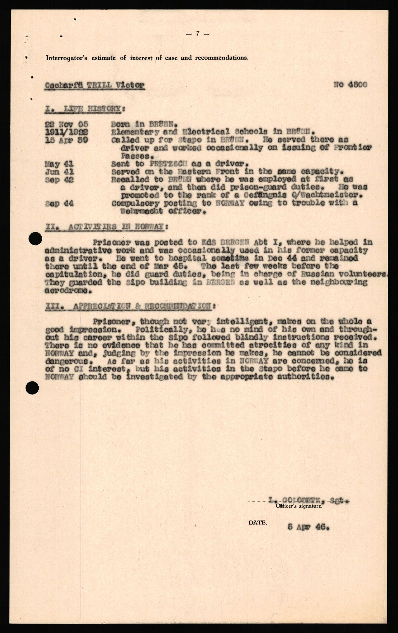 Forsvaret, Forsvarets overkommando II, AV/RA-RAFA-3915/D/Db/L0034: CI Questionaires. Tyske okkupasjonsstyrker i Norge. Tyskere., 1945-1946, p. 87