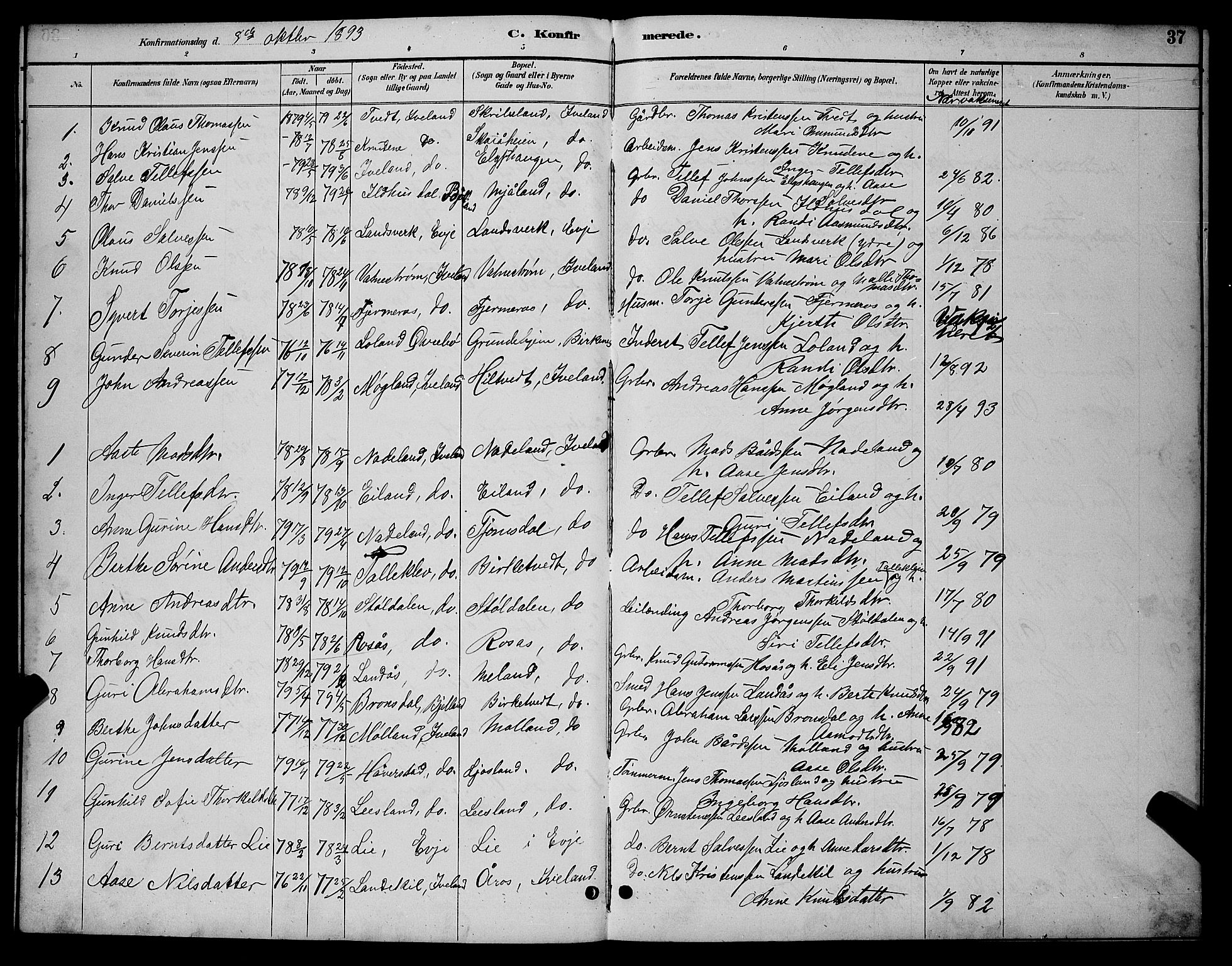 Evje sokneprestkontor, AV/SAK-1111-0008/F/Fb/Fbc/L0004: Parish register (copy) no. B 4, 1890-1900, p. 37