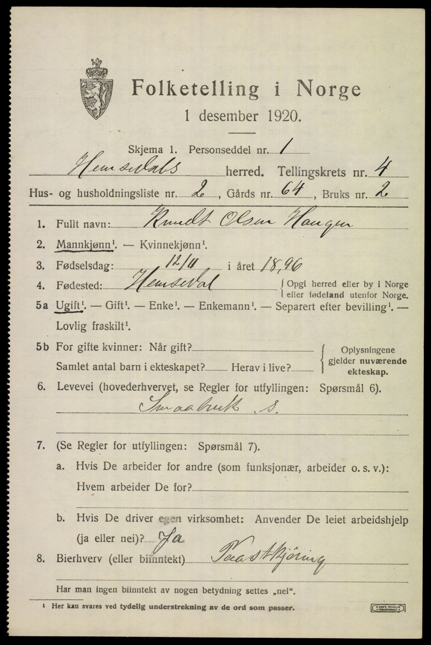 SAKO, 1920 census for Hemsedal, 1920, p. 1460