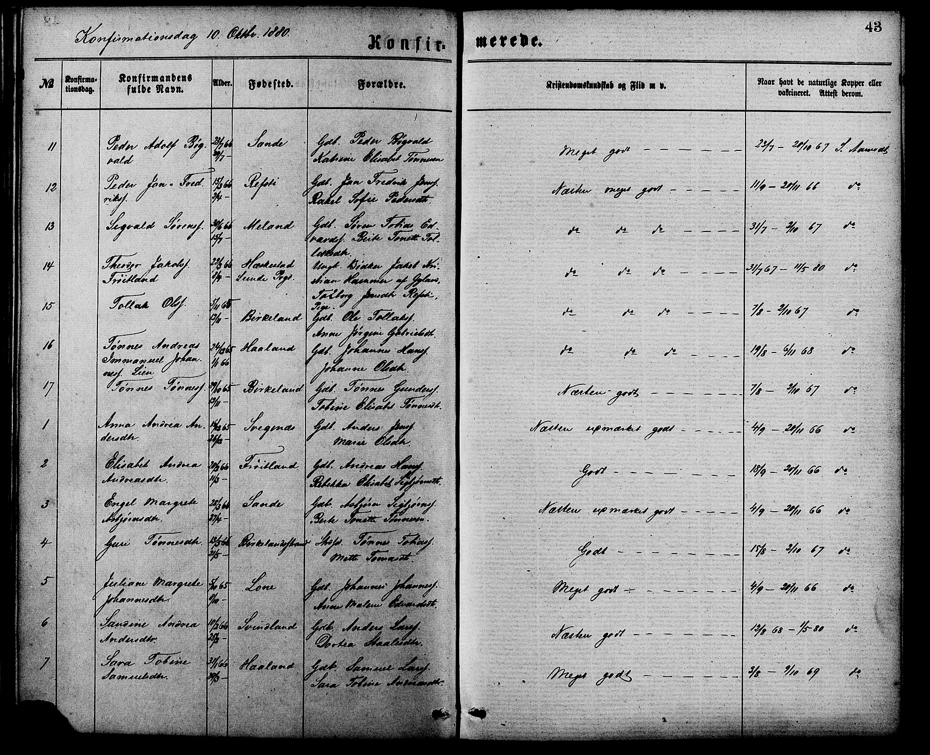 Kvinesdal sokneprestkontor, SAK/1111-0026/F/Fa/Faa/L0003: Parish register (official) no. A 3, 1877-1882, p. 43