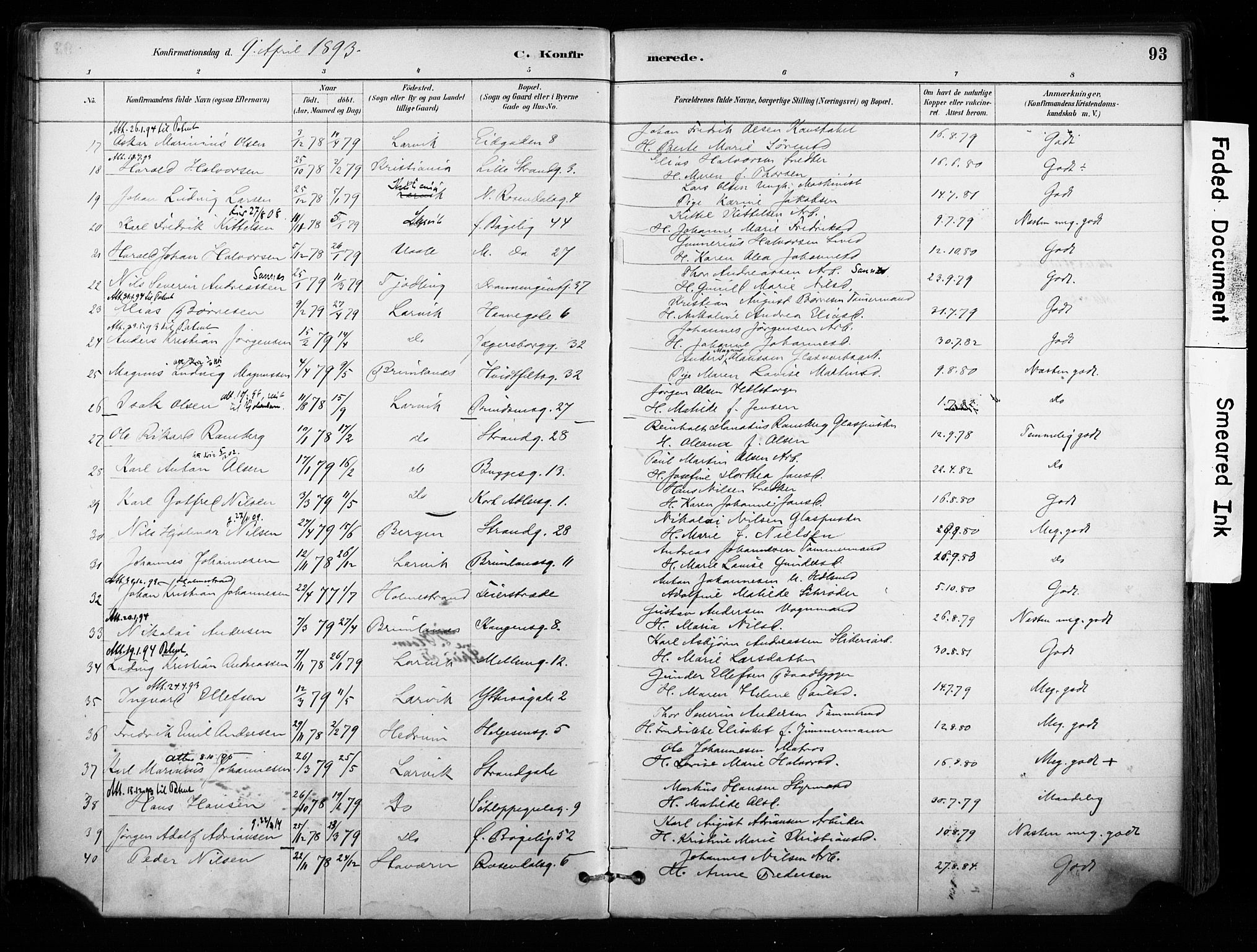 Larvik kirkebøker, AV/SAKO-A-352/F/Fa/L0008: Parish register (official) no. I 8, 1884-1902, p. 93