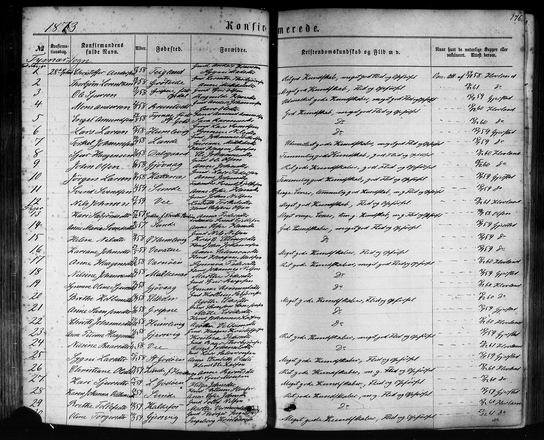 Tysnes sokneprestembete, AV/SAB-A-78601/H/Haa: Parish register (official) no. A 12, 1872-1886, p. 176