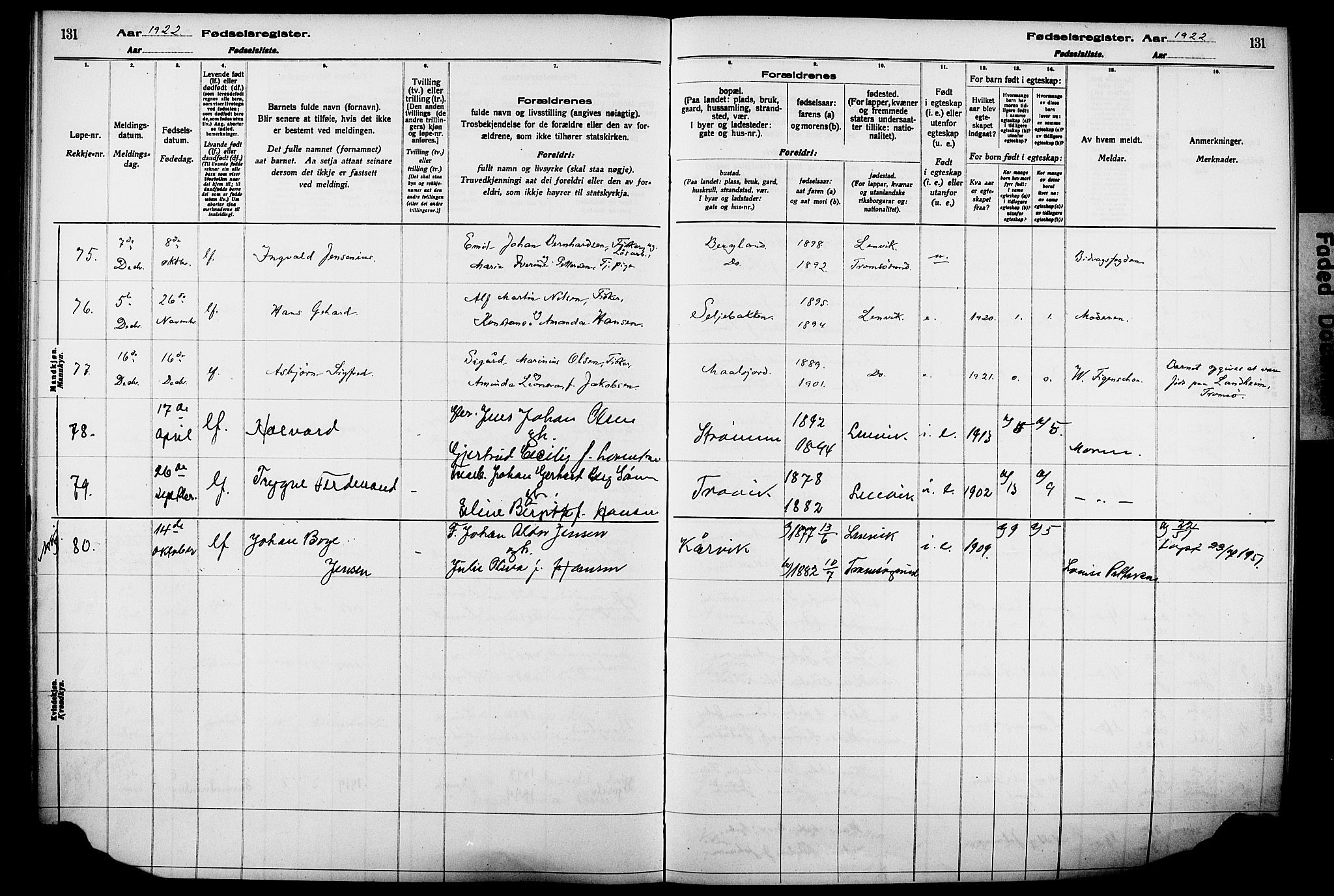 Lenvik sokneprestembete, SATØ/S-1310/I/Ic/L0089: Birth register no. 89, 1916-1926, p. 131