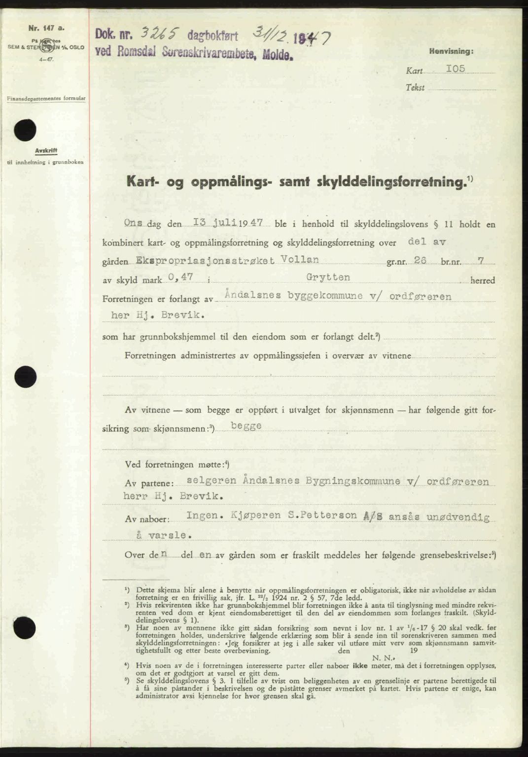 Romsdal sorenskriveri, SAT/A-4149/1/2/2C: Mortgage book no. A24, 1947-1947, Diary no: : 3265/1947