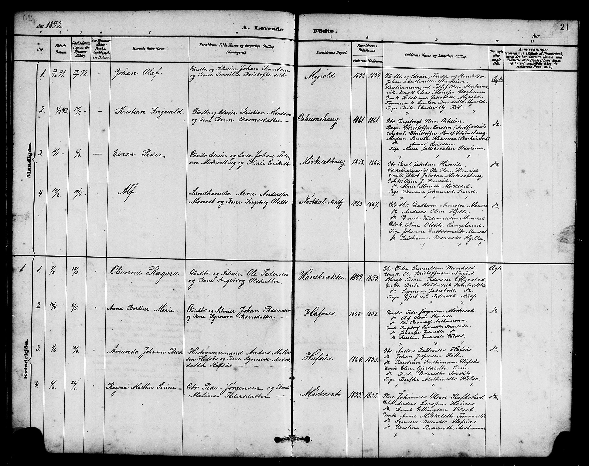 Eid sokneprestembete, AV/SAB-A-82301/H/Hab/Habc/L0002: Parish register (copy) no. C 2, 1887-1906, p. 21