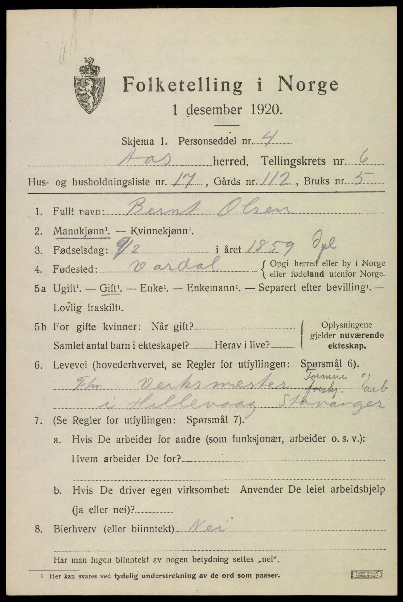 SAO, 1920 census for Ås, 1920, p. 7022