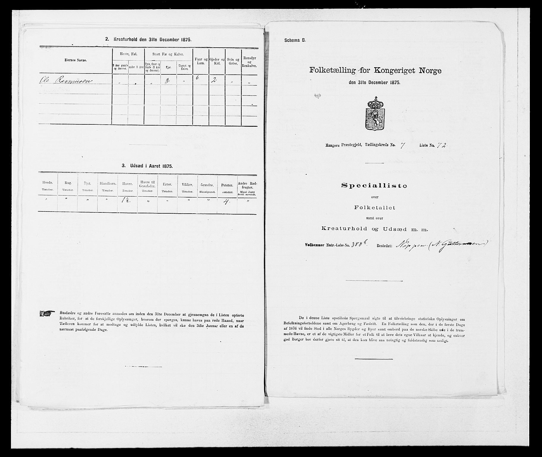 SAB, 1875 census for 1261P Manger, 1875, p. 1152