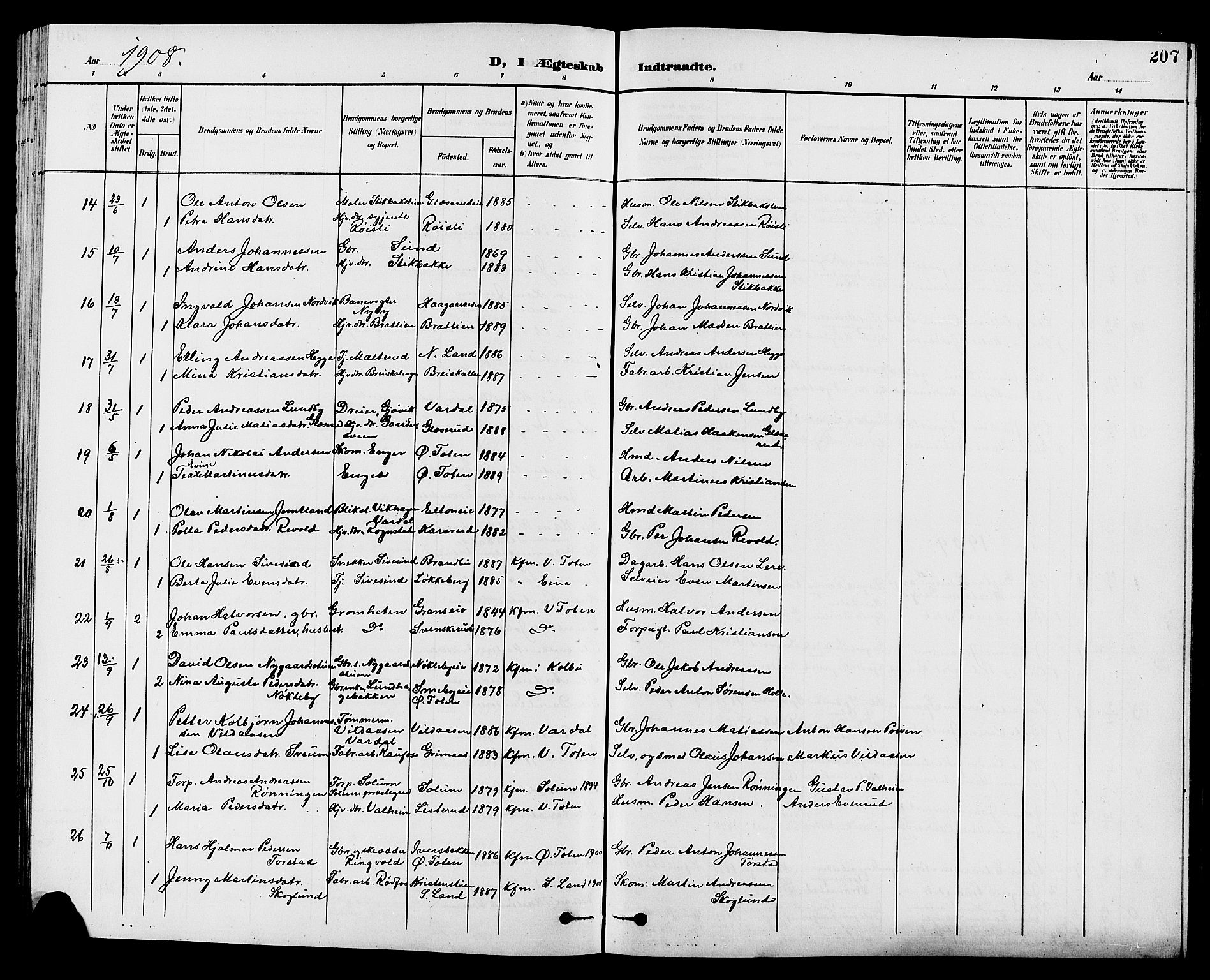 Vestre Toten prestekontor, SAH/PREST-108/H/Ha/Hab/L0010: Parish register (copy) no. 10, 1900-1912, p. 207