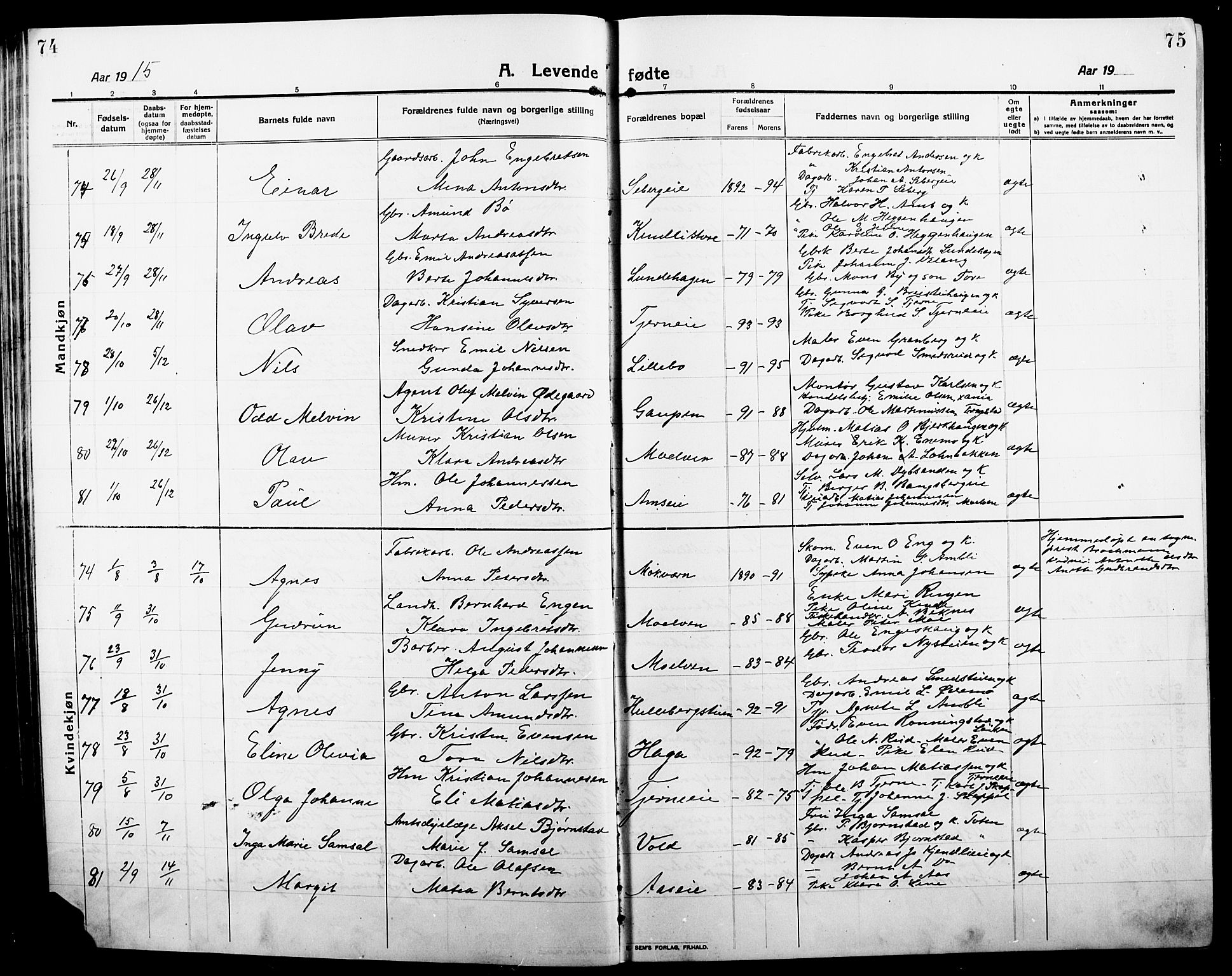 Ringsaker prestekontor, AV/SAH-PREST-014/L/La/L0018: Parish register (copy) no. 18, 1913-1922, p. 74-75