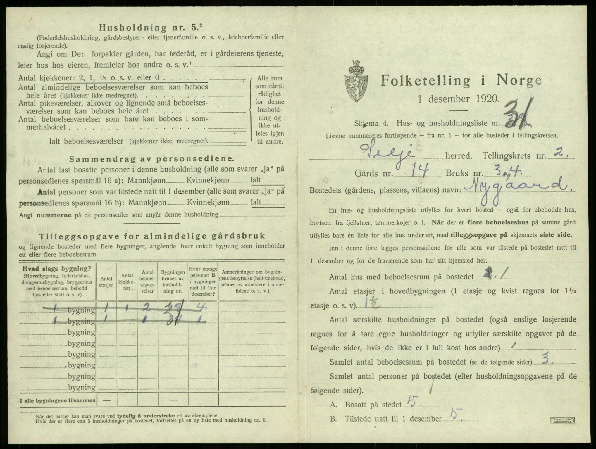 SAB, 1920 census for Selje, 1920, p. 190