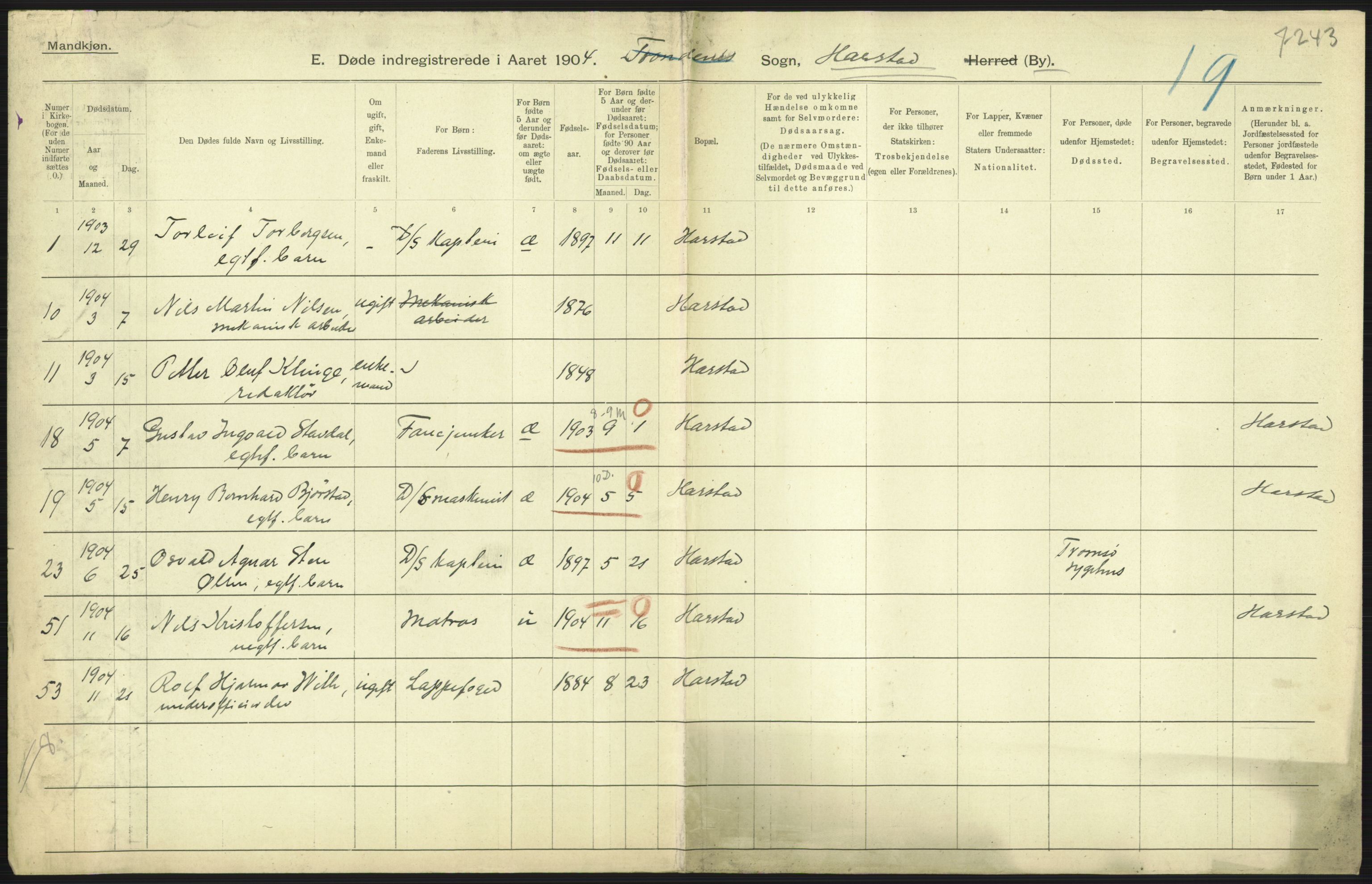 Statistisk sentralbyrå, Sosiodemografiske emner, Befolkning, RA/S-2228/D/Df/Dfa/Dfab/L0022: Tromsø amt: Fødte, gifte, døde, 1904, p. 521