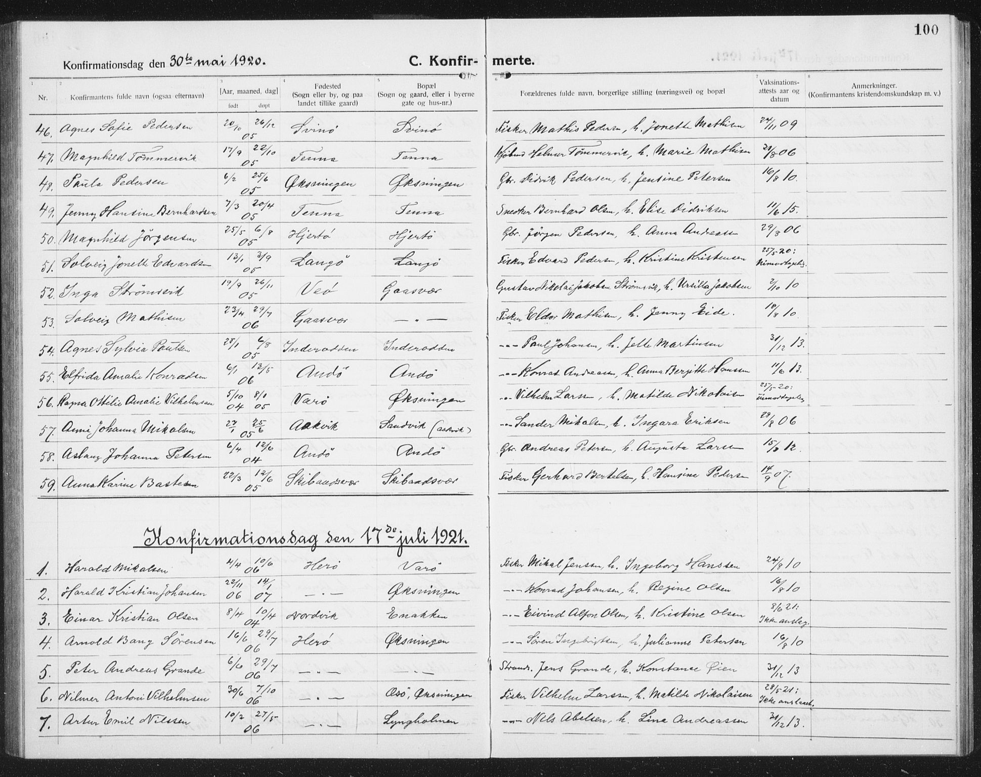 Ministerialprotokoller, klokkerbøker og fødselsregistre - Nordland, SAT/A-1459/834/L0517: Parish register (copy) no. 834C07, 1919-1939, p. 100