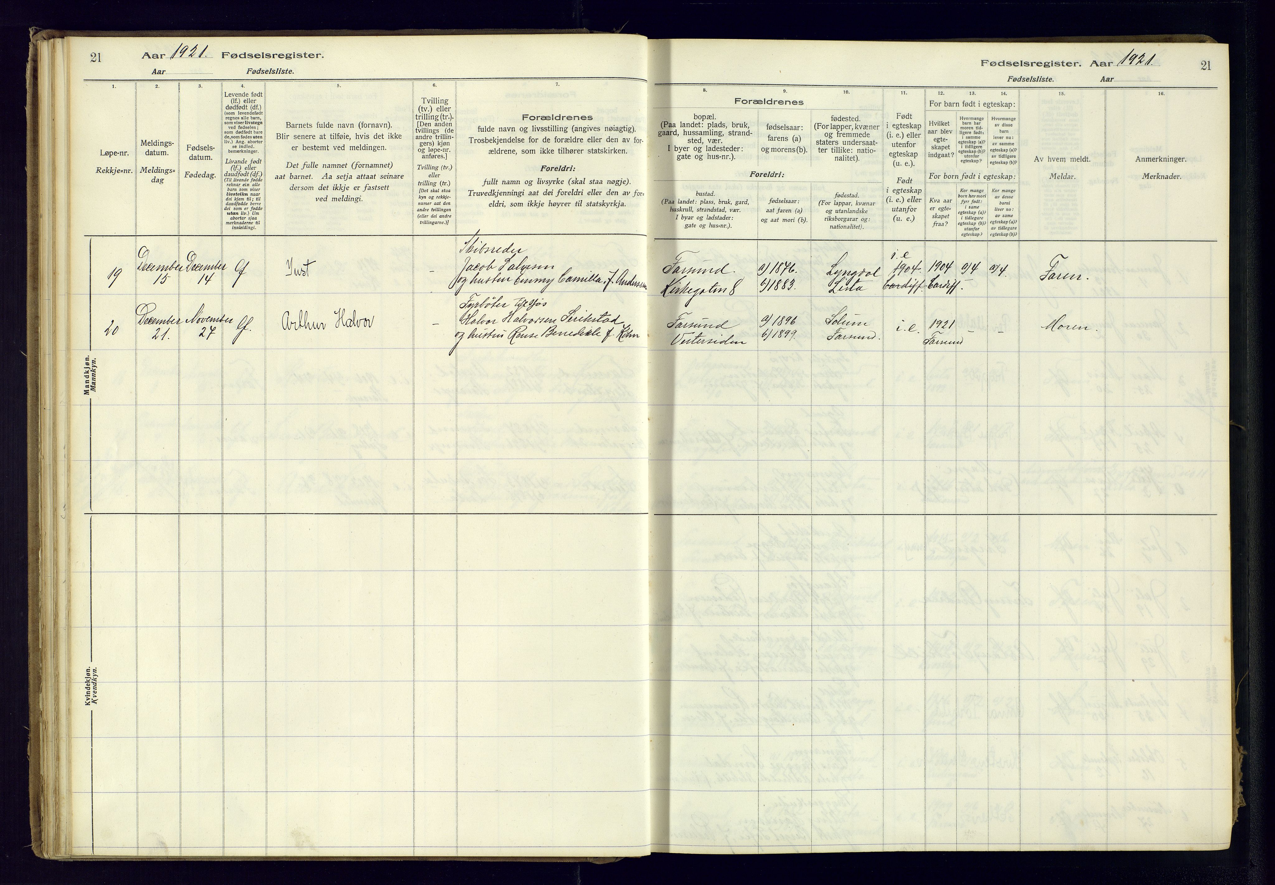 Farsund sokneprestkontor, AV/SAK-1111-0009/J/Ja/L0001: Birth register no. A-VI-8, 1916-1950, p. 21