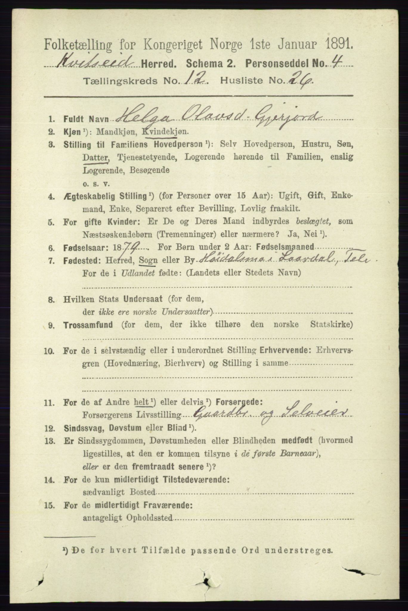 RA, 1891 census for 0829 Kviteseid, 1891, p. 3035